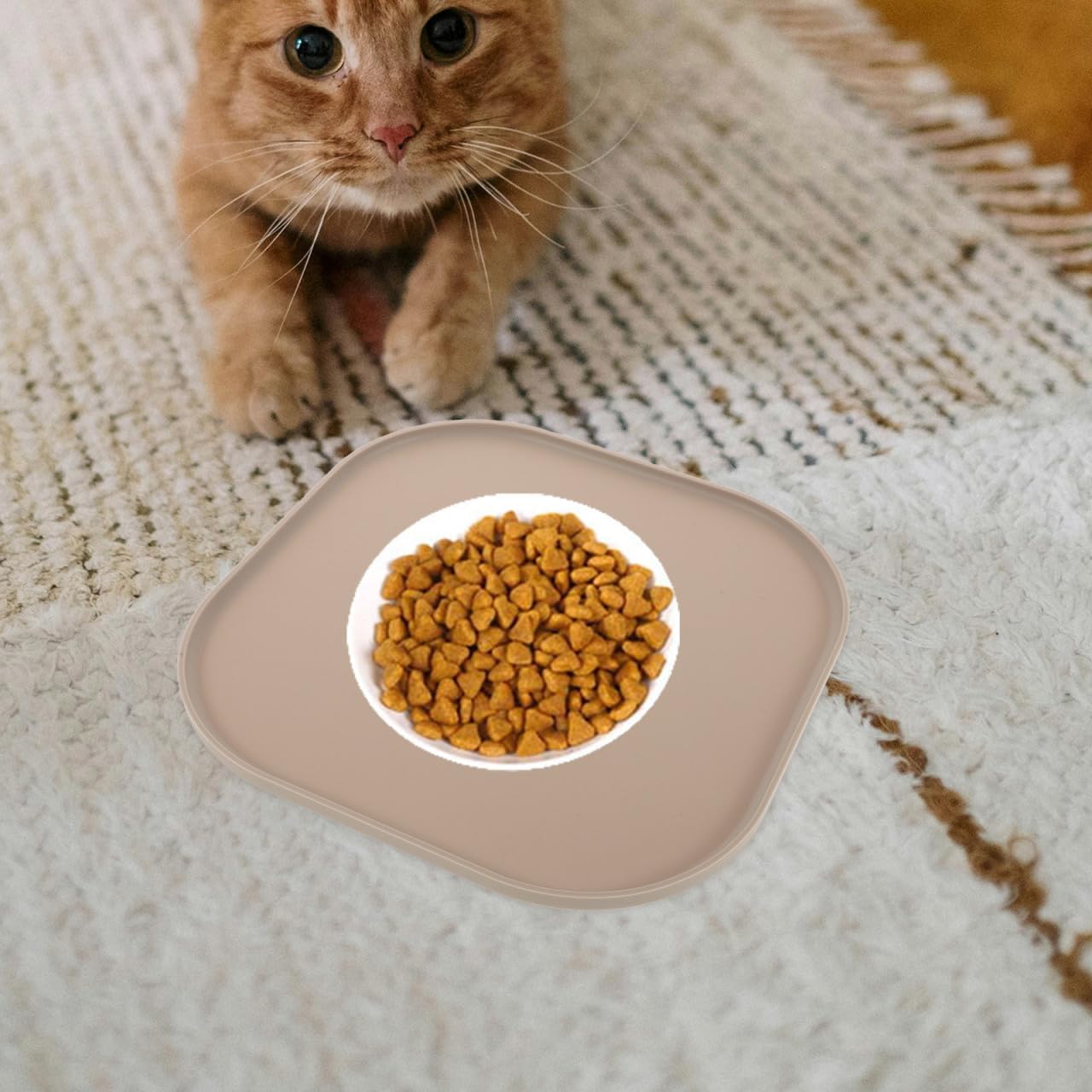 Mikikit Silicone Pet Feeding Mat for Dog Food and Cat Bowl, Waterproof Spill Proof Placemat with Raised Edges, Non Slip Floor Protector Pad, Coffee