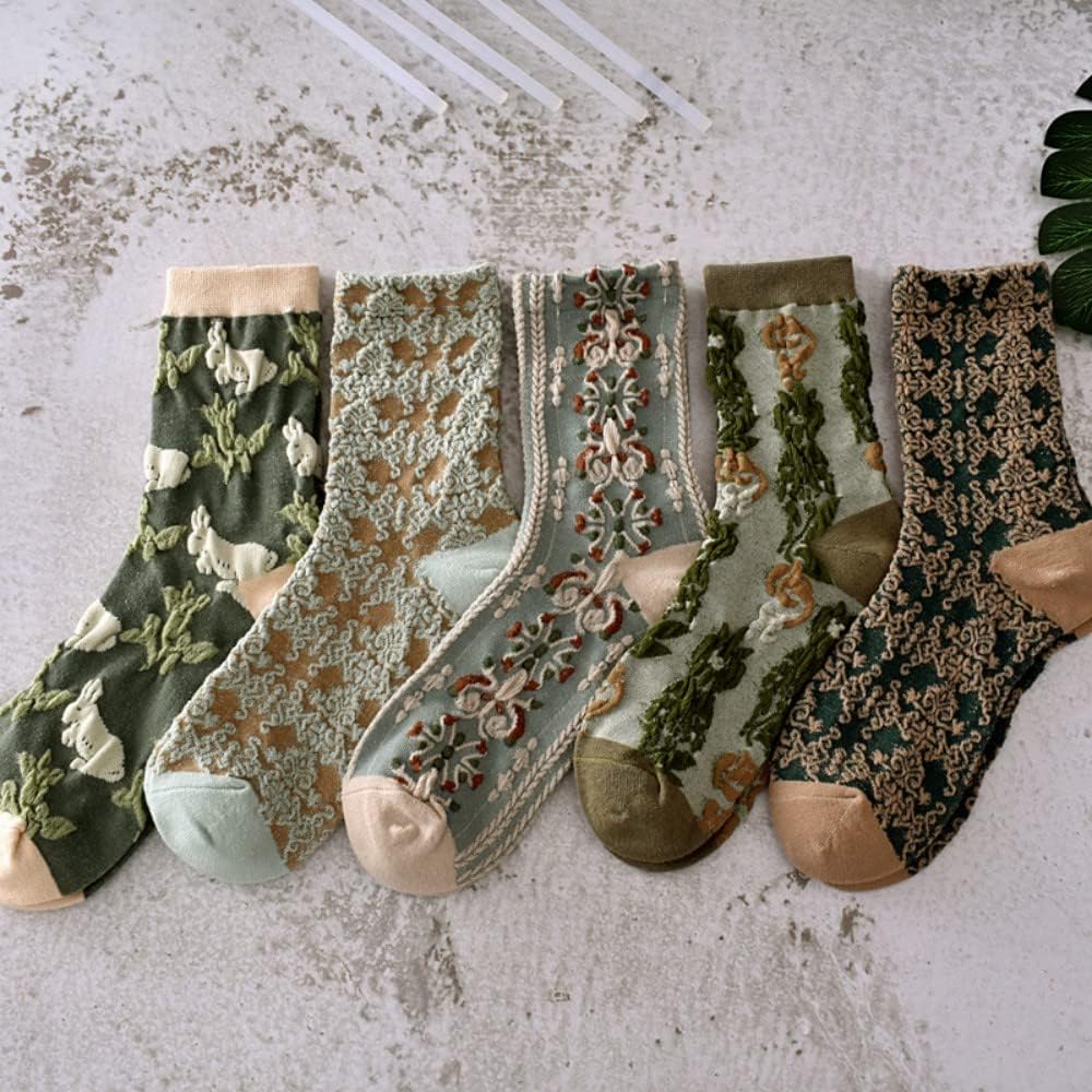5 Pairs Womens Floral Cute Socks Vintage Embroidered Plant Socks for Women Teens Cotton Cozy Ankle Sock