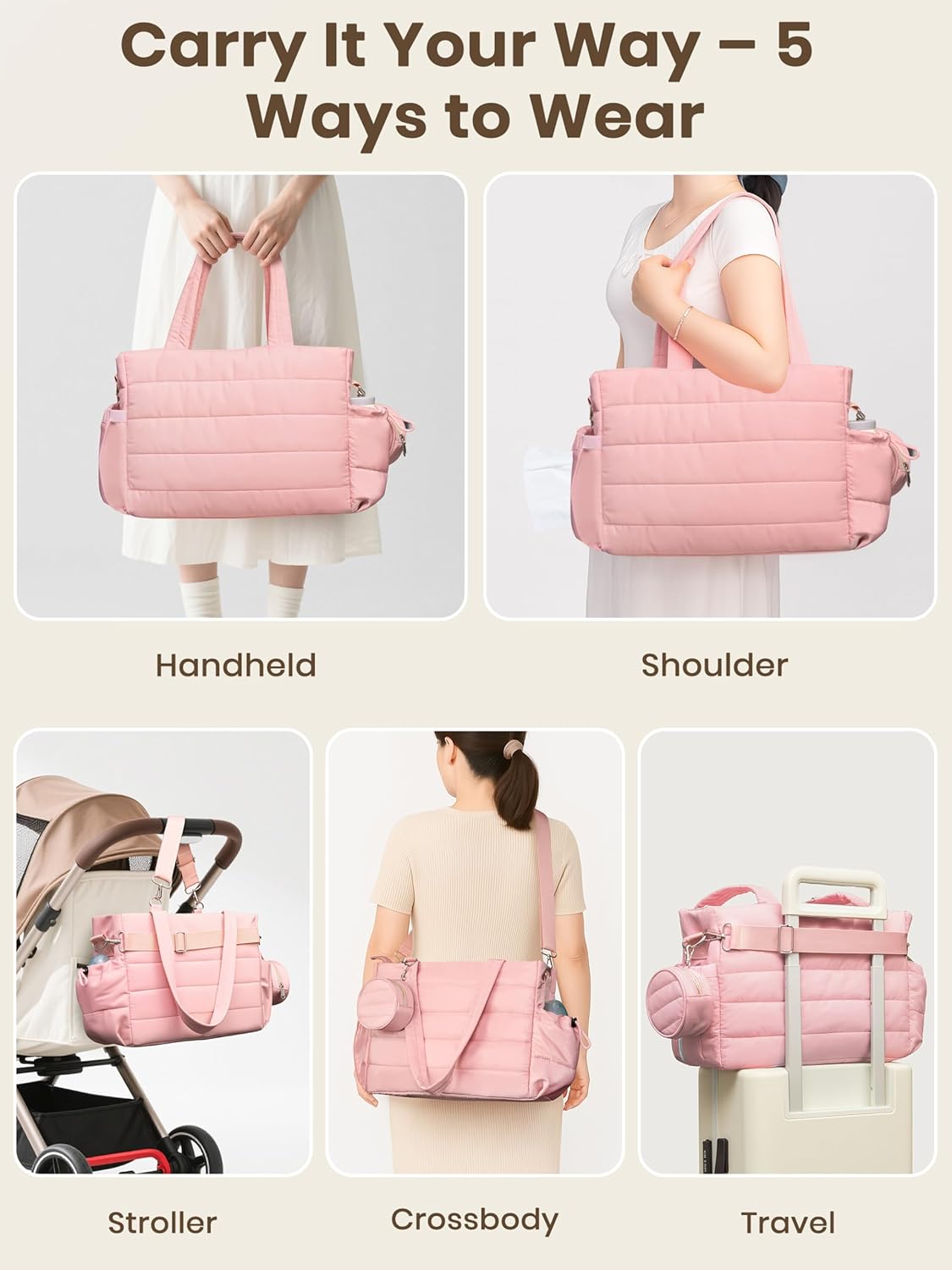 Large Diaper Bag Tote for Women, Crossbody Mommy Bag with Waterproof Bult-in Removable Diaper Bag