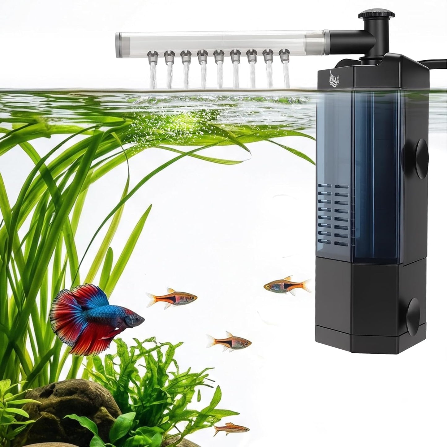 AQQA Internal Aquarium Filter - Submersible 20-40 Gallons Fish Tank Filters, Adjustable Wave Maker, Bottom Inlet Whisper Pump and Underwater Automatic Power Water Filter System for Freshwater (M)