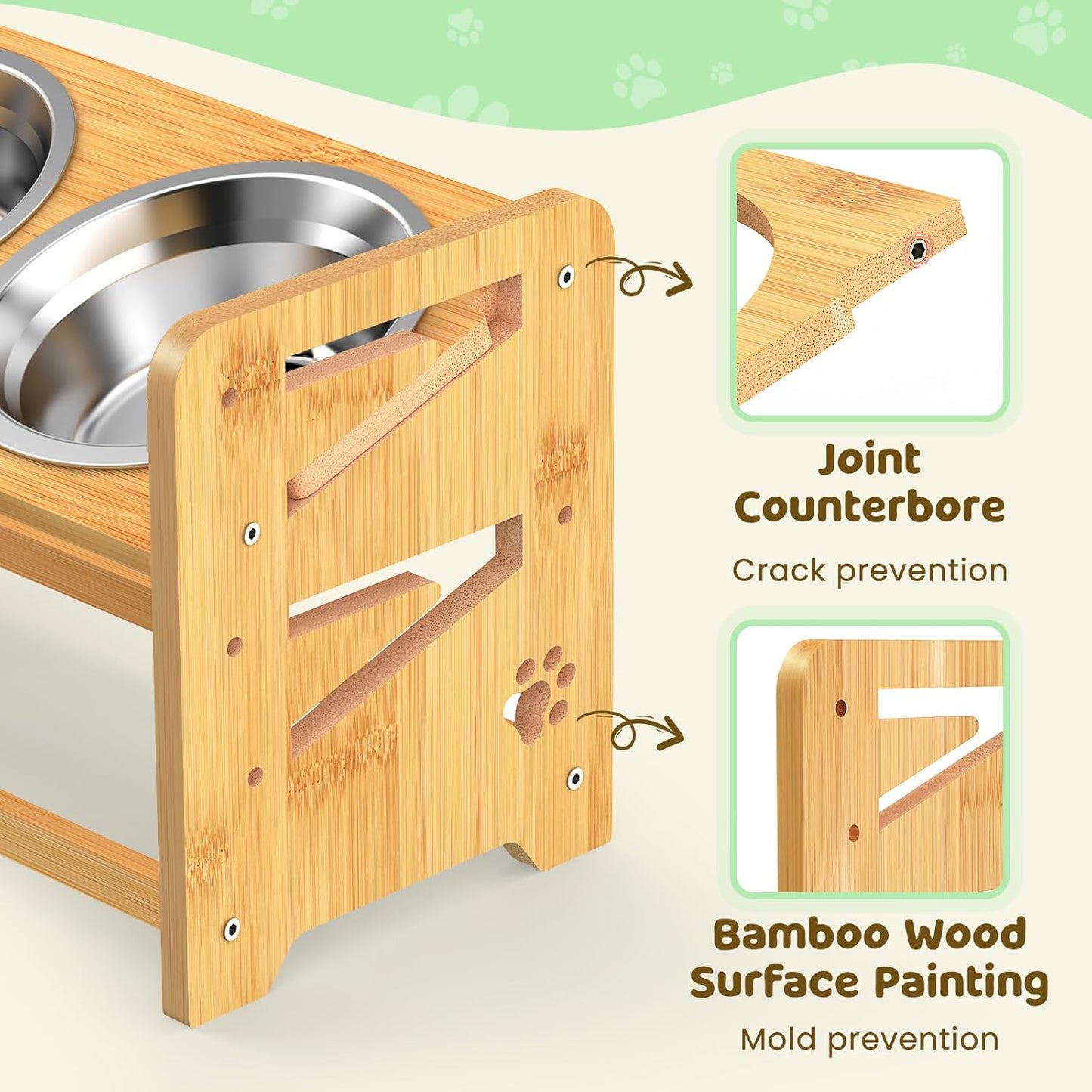 Elevated Dog Bowls, Adjustable Raised Dog Bowl Stand for Medium and Small Pet, 11" High Bamboo Pet Food Feeder with 2 Stainless Steel Dishes（4 Heights）