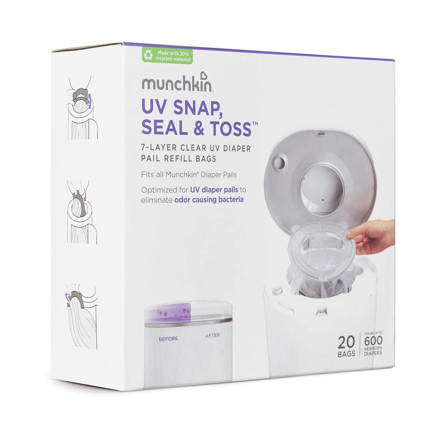 Munchkin® UV Snap, Seal & Toss™ Diaper Pail Refill Bags, Holds up to 600 Newborn Diapers, 20 Pack