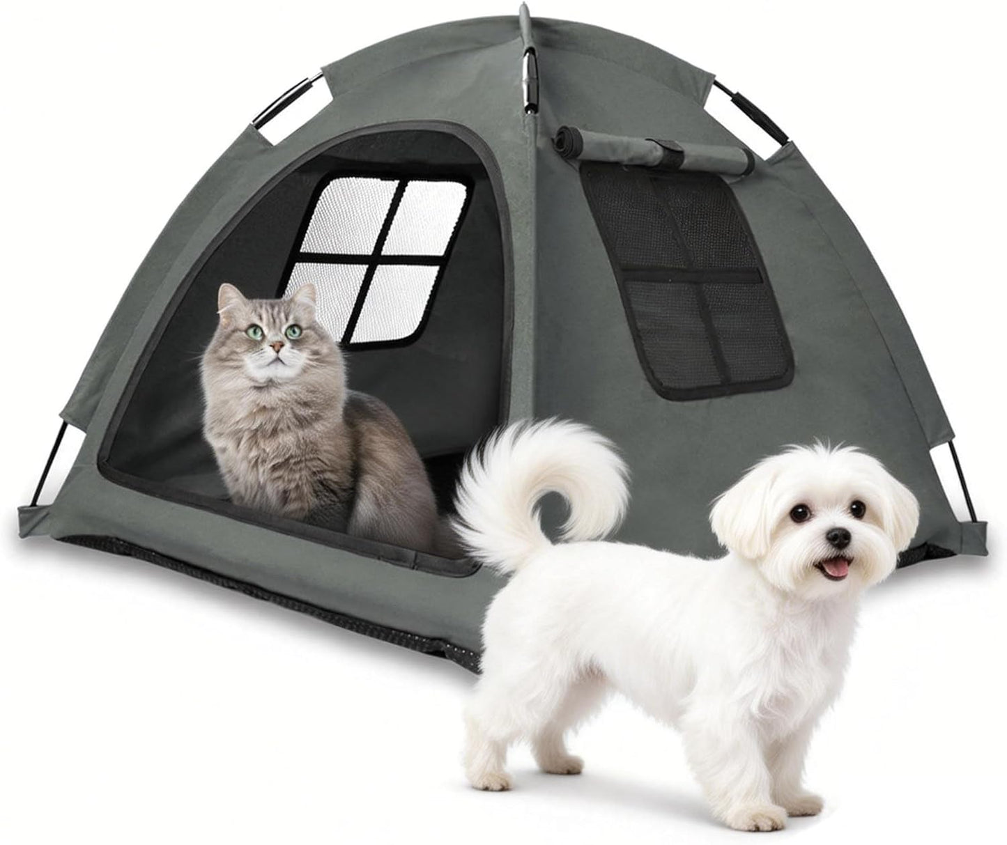 Open Design Pet Tent, Cozy Monitoring Bed for Cats & Puppies, Breathable Mesh Walls for Security & Ventilation, Indoor Outdoor Travel, Grey