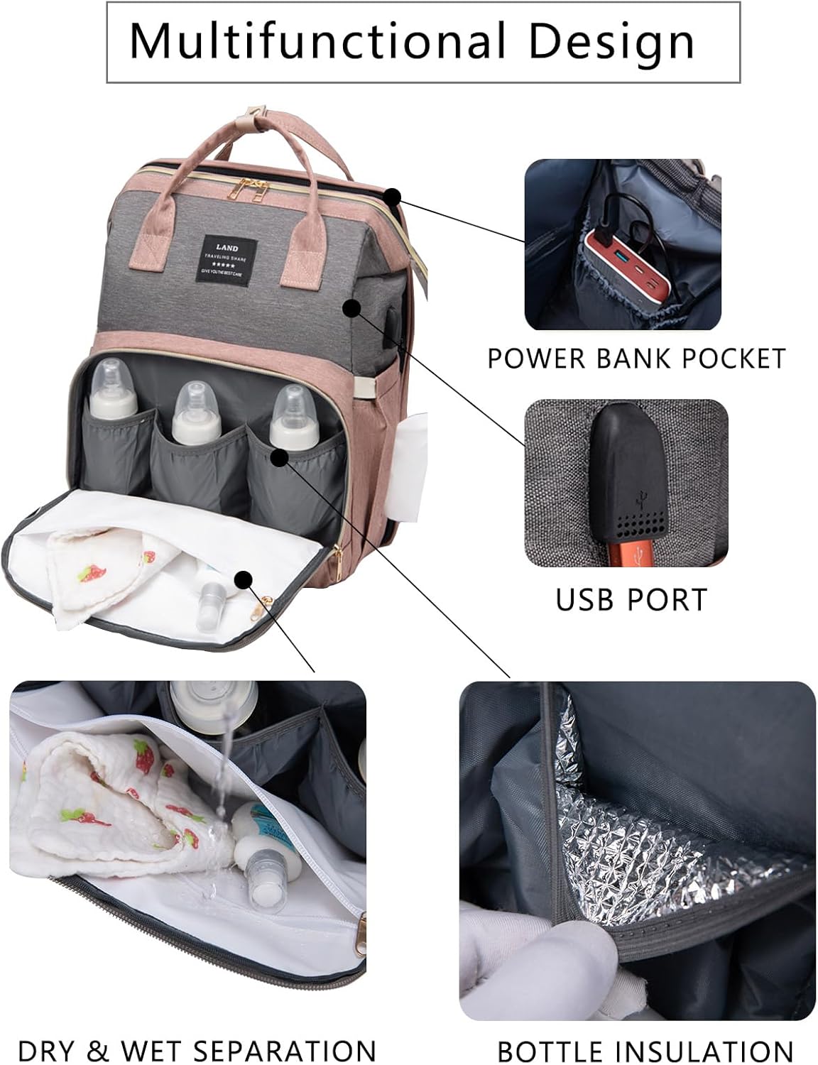 Diaper Bag Backpack with Changing Station: Pink Baby Bags for Girls Boys Mom with Large Capacity Pañaleras Para Bebe Niña Baby Girl Newborn Essentials Must Haves Baby Shower Gifts Baby Registry