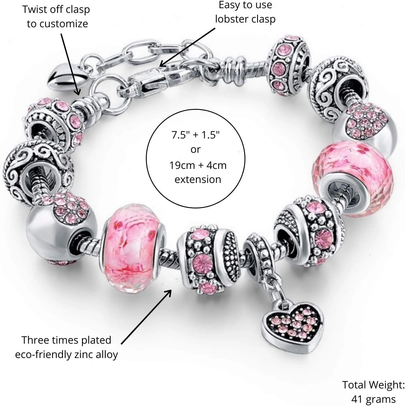 Capital Charms Pink Hearts Silver Plated Charm Bracelet Set, Jewelry Gifts with Beads, Charms, and Adjustable Snake Chain, Fits 7.5"+1.5"