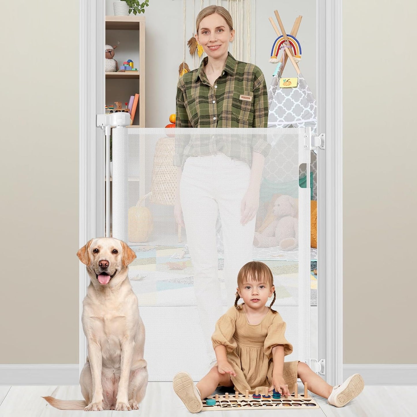 42 Inch Extra Tall Baby Gate 0"-39" Wide Narrow Pet Gate Tall Retractable Baby Gates for Dogs Mesh Dog Gates Indoor Pet Gate for Stairs Doorways Hallways, White