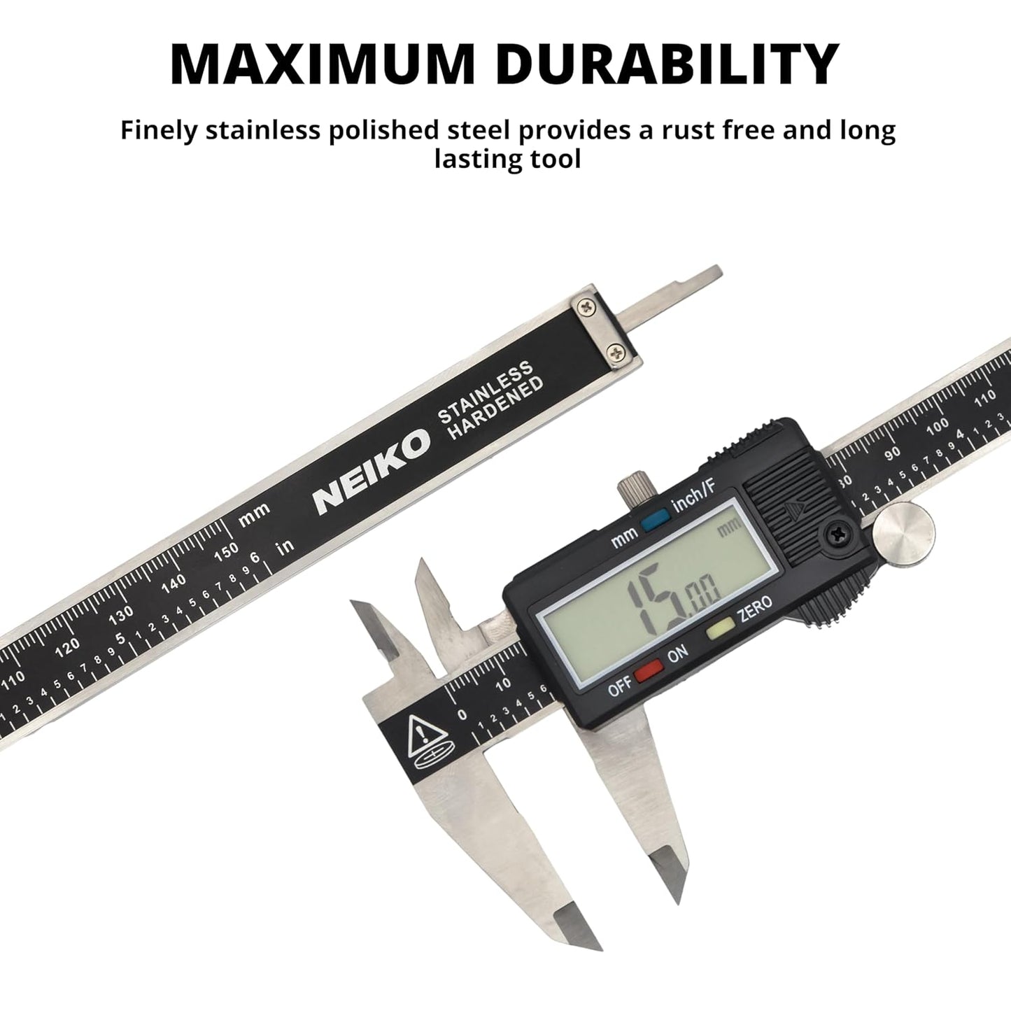 NEIKO 01407A Electronic Digital Caliper Measuring Tool, 0 - 6 Inches Stainless Steel Construction with Large LCD Screen Quick Change Button for Inch Fraction Millimeter Conversions, Digital Caliper Measuring Tool