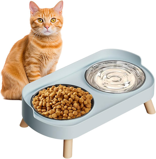 Elevated Cat Bowl, Raised Cat Food and Water Bowl Set for Indoor Cats, Splash Proof with 2 Stainless Steel Pet Food Bowls for Cats and Puppies, Whisker Fatigue and Dishwasher Safe - Blue