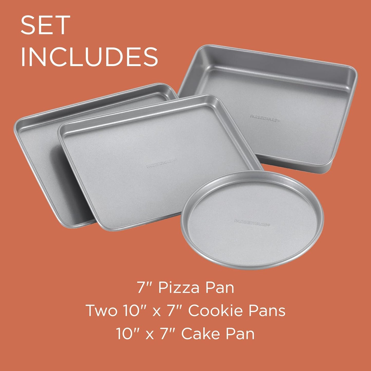 Farberware Bakeware Steel Nonstick Toaster Oven Pan Set, 4-Piece Baking Set, Gray