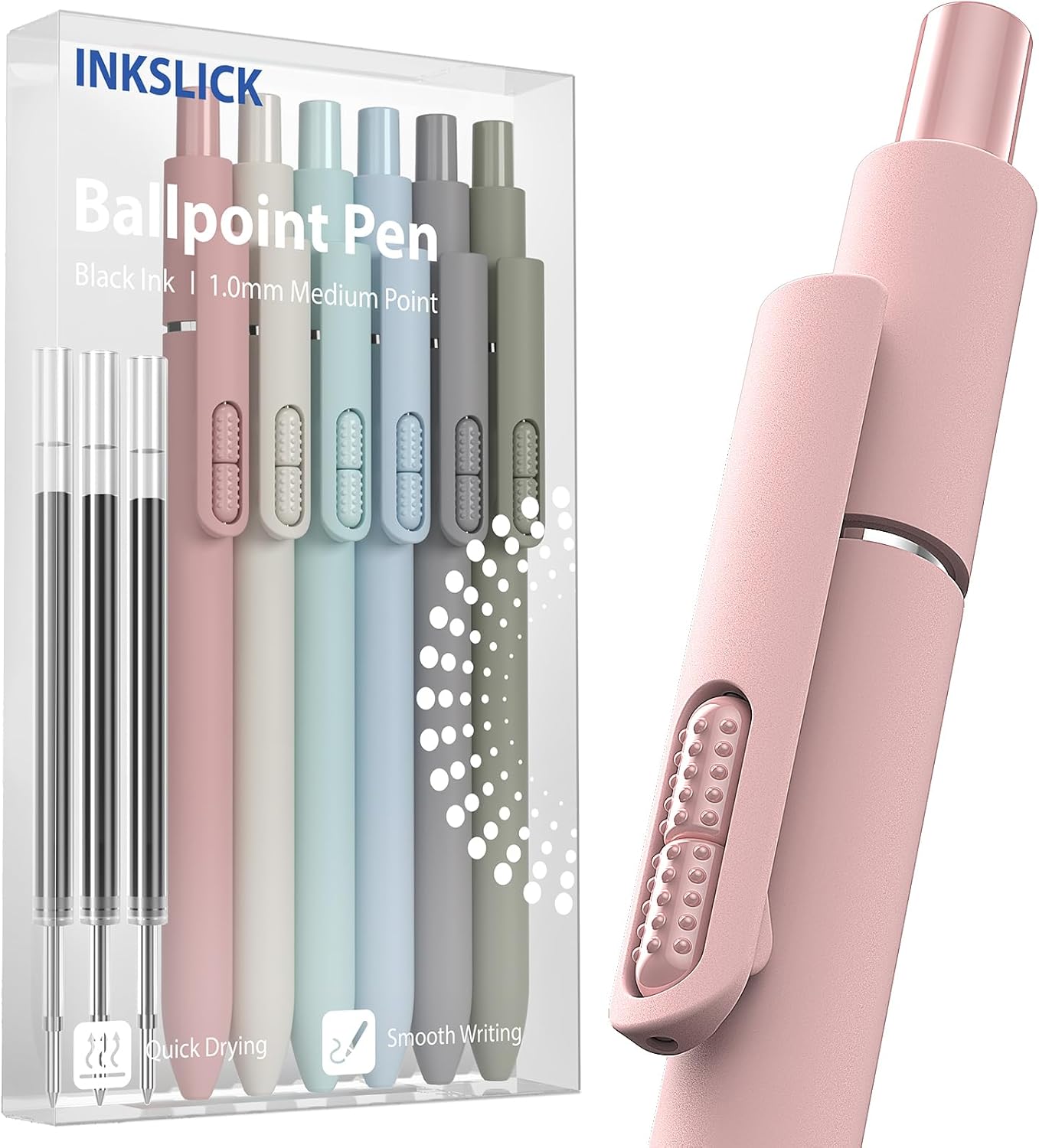 9 Pack Black Ballpoint Pens - 1.0mm Medium Point Smooth Writing Black Ink Ball Point Pens Long Lasting Retractable Fidget Pens for Adults, Men, Women, School, Office (6 Pens & 3 Refills)