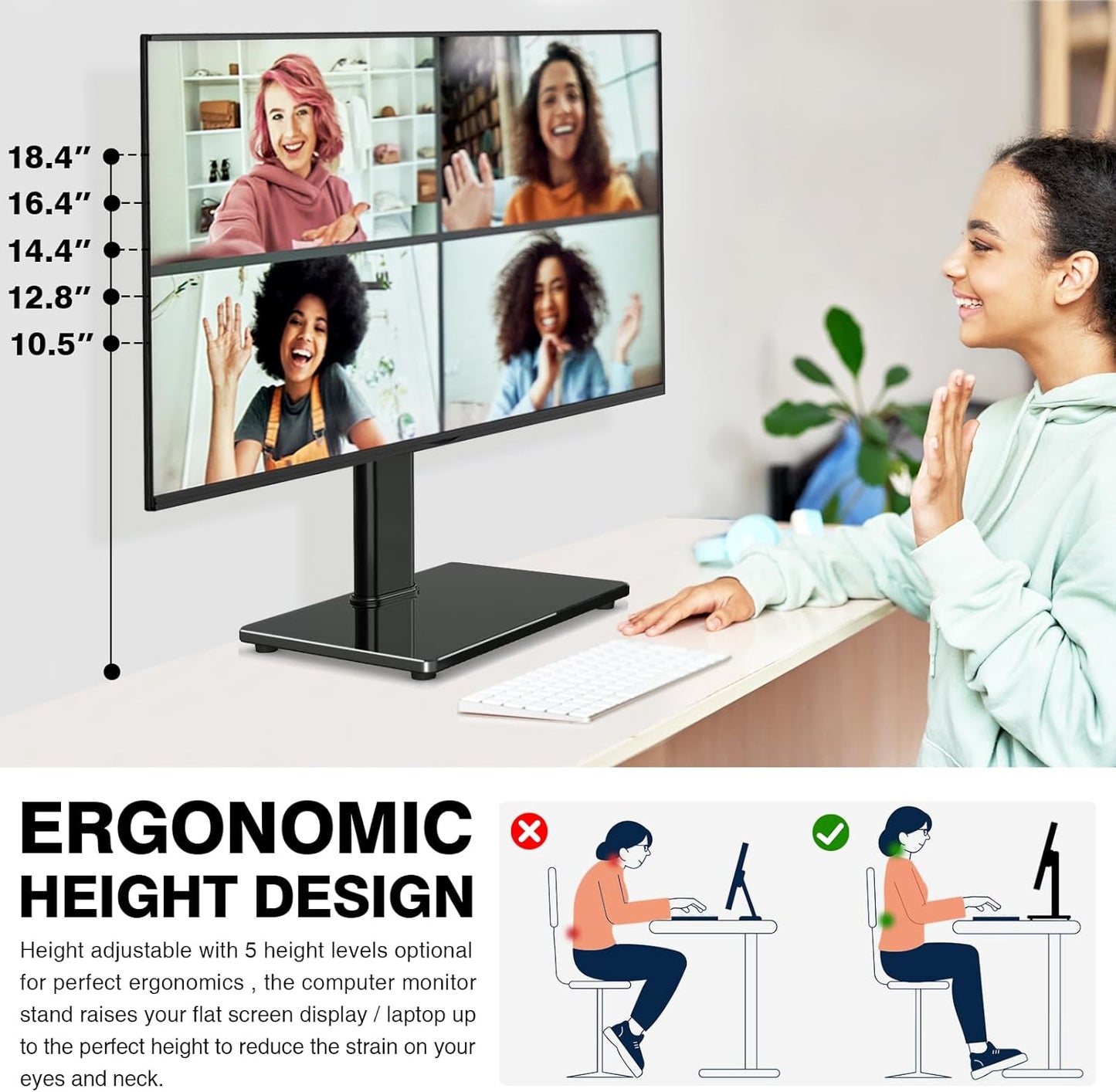 Single Monitor Stand VESA Mount for 13-32 Inch Screens, Free-Standing Monitor Riser with Swivel Tilt Rotation Height Adjustable, Universal Desk Stand up to 44lbs, VESA 75x75, 100x100mm