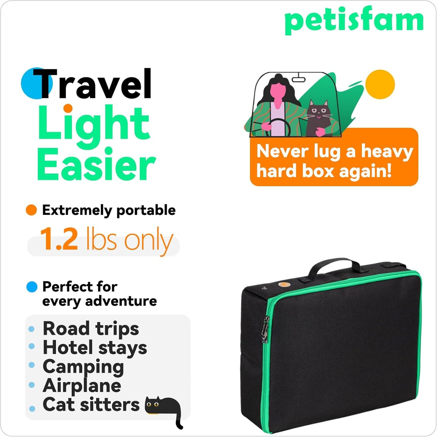 petisfam Portable Travel Litter Box for Cats with Lid to Contain Litter and Odor. Easy to Carry, Clean and Store. Easy for Car Travel, Hotle Stays, Flying with Cats
