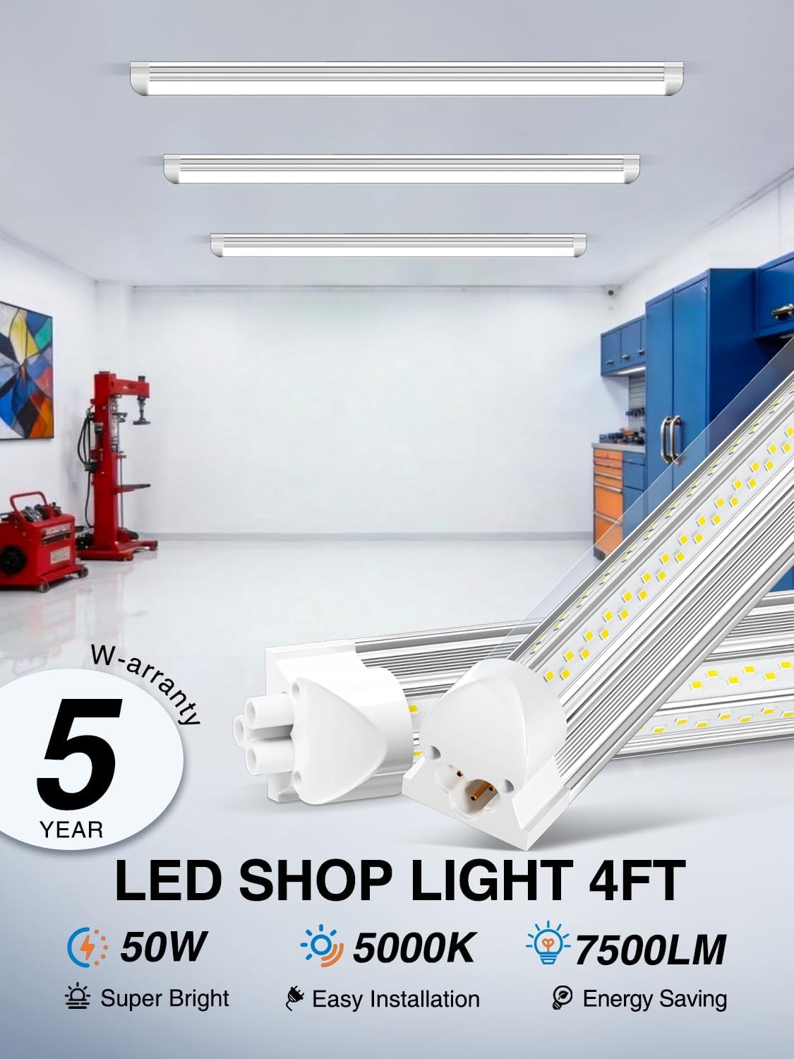 6 Pack 50w 4ft Led Shop Light, Super Bright 7500lm 5000k V Shape 4' Led Shop Lights, Linkable 4 Foot Led Shop Lights for Garage Warehouse, Supermarket, Basement, Barn, Storage Area