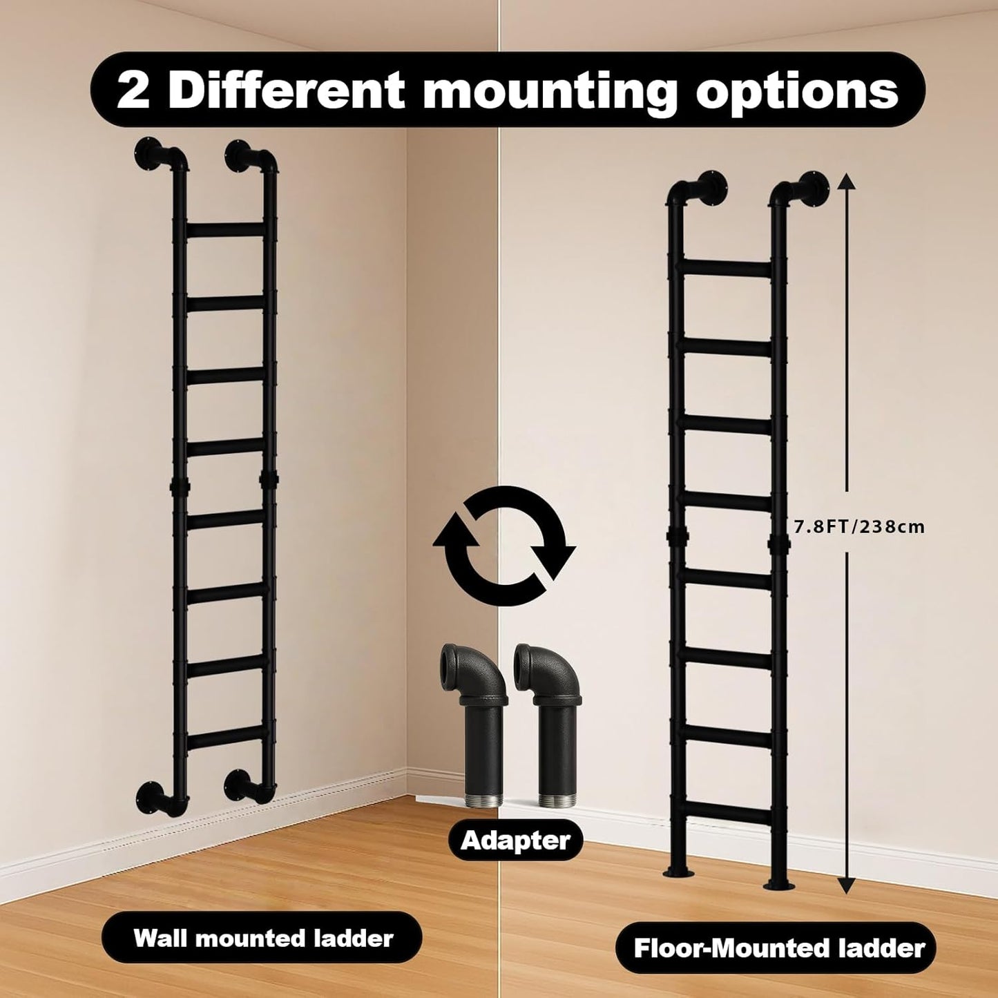 8-Rung Wall Mounted Ladder, Heavy-Duty Metal 8FT Egress Window & Loft Ladder for Basement, Attic Bunk Bed, Fire Escape - 355LBS Load, Matte Black
