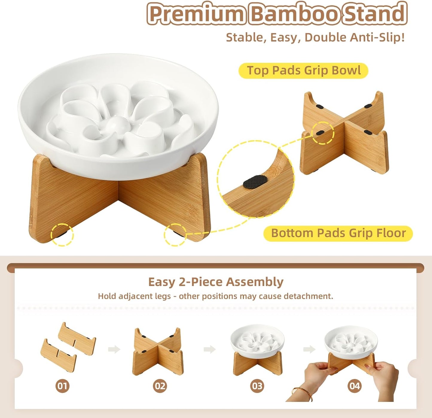 Elevated Slow Feeder Cat Bowl - Melamine Cat Dish with Anti-Slip Bamboo Stand - Whisker Friendly Feeding Bowl - Floral Maze Food Plate for Slow Eating - Pink