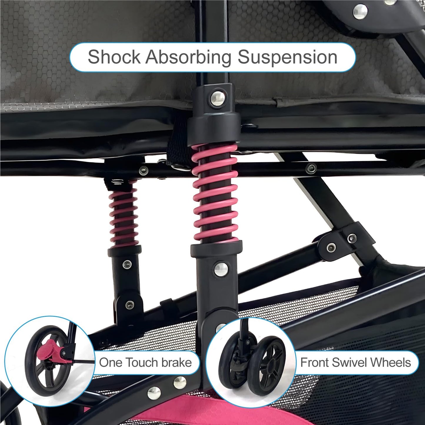 27.2” Buddy Buggies Foldable Pet Stroller - Shock Absorbing Frame with Storage - Machine Washable Fabric - Durable Mesh & UV Protected Retractable Canopy - Cat & Dog Stroller Up to 60lb