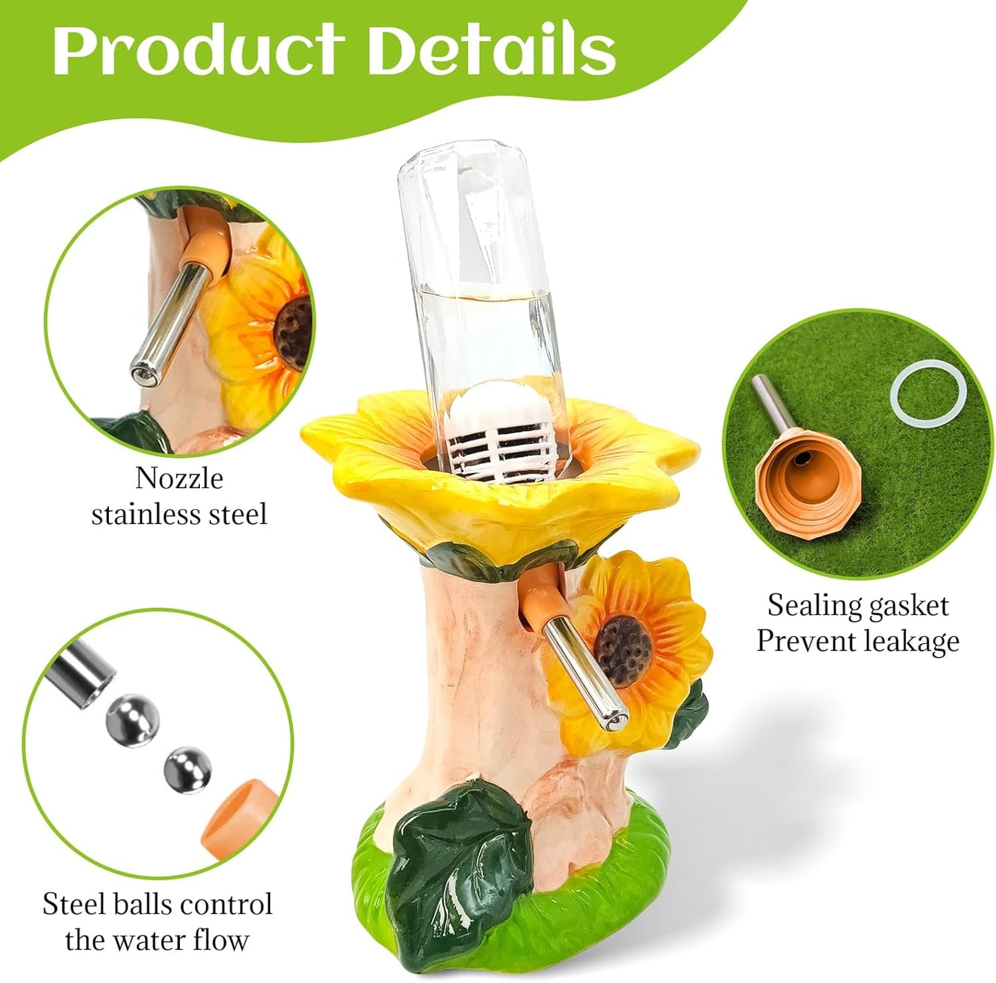 BNOSDM Hamster Water Bottle No Drip Ceramic Hamster Water Bottle for Glass Tank - 80ML Water Dispenser with Yellow Sunflower Stand Holder for Syrian Hamsters Dwarf Hamsters Mice Gerbils