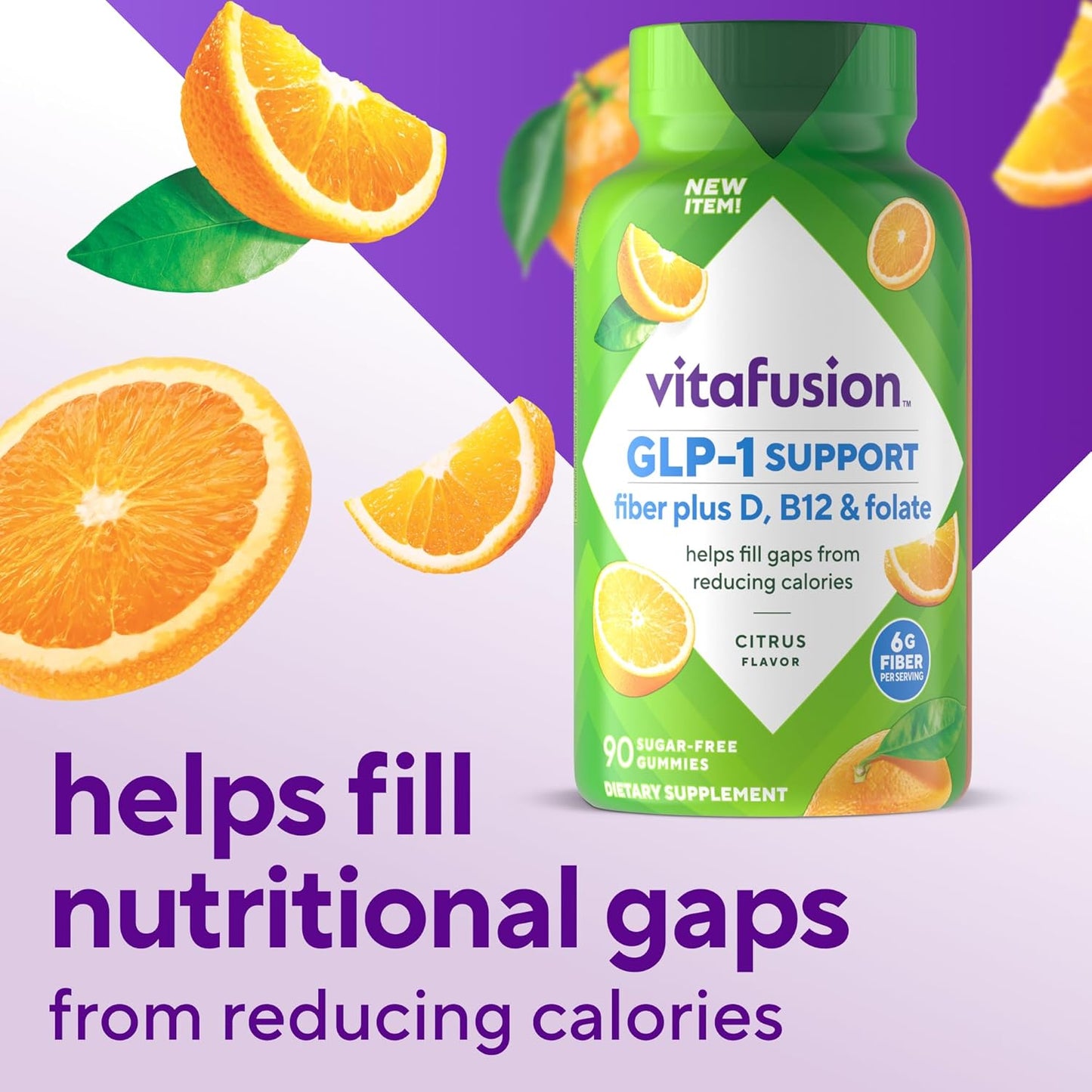 Vitafusion GLP-1 Support Fiber Plus Vitamins D, B12 and Folate Gummy Vitamins, Citrus Flavor, Sugar Free, 90 Count, 30 Day Supply