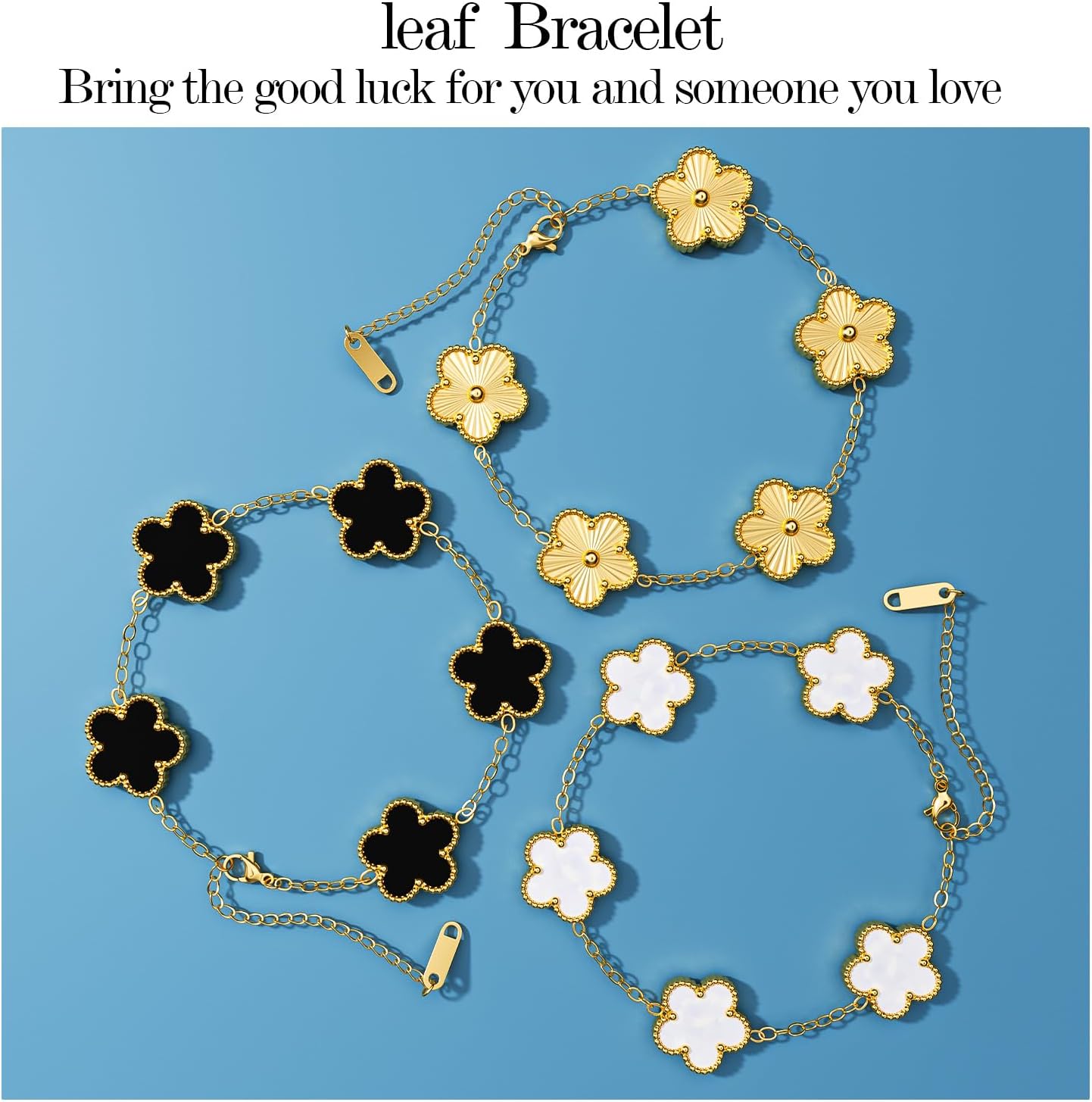 AICase 18K Gold Plated Clover Bracelet Dupes Gold/White/Black Bracelet Set for Women Flower Leaf Lucky Clover Bracelets Trendy Jewelry Birthday Gifts for Women/Mon/Friends