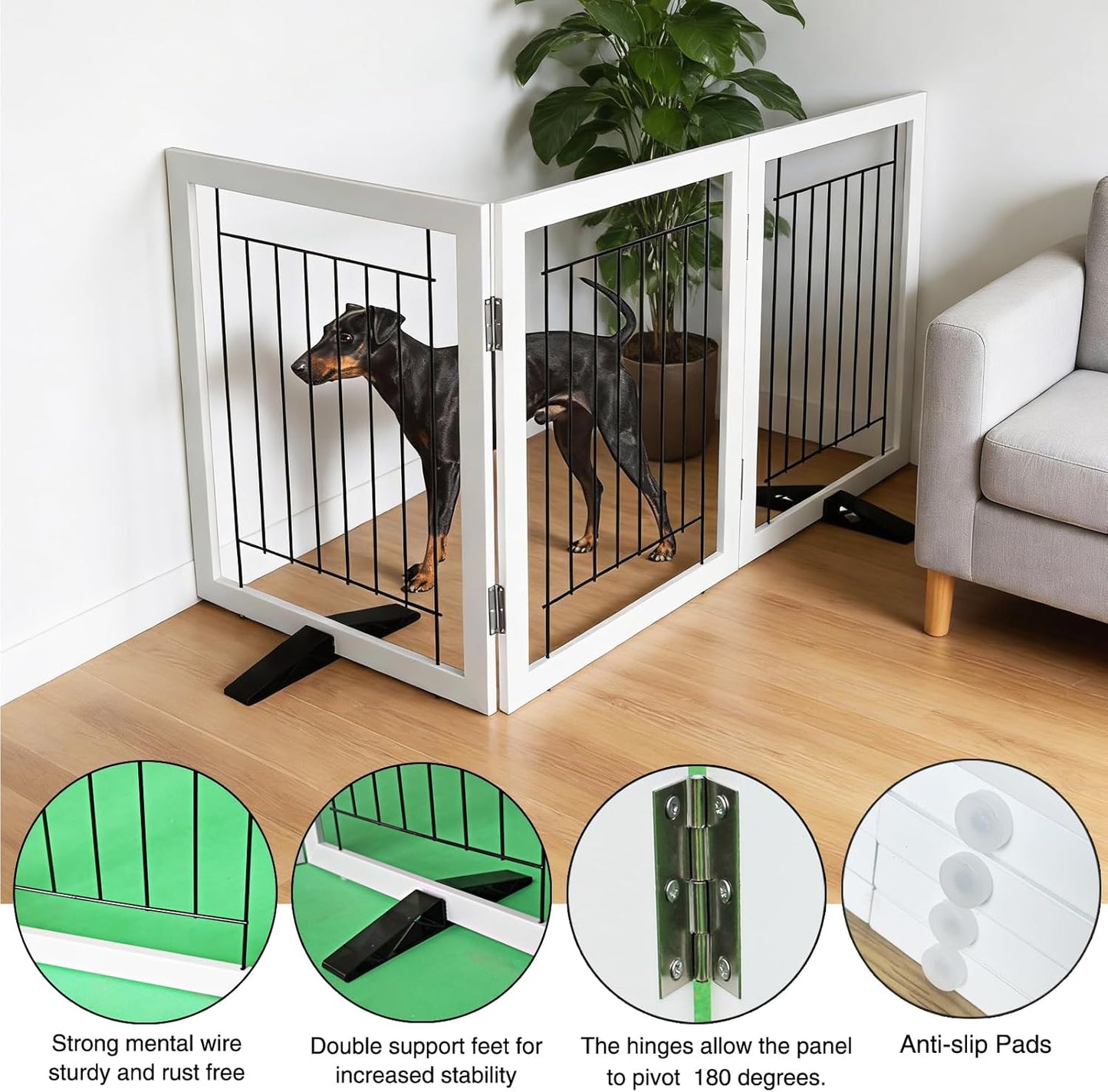Dog Fence Indoor - 3-Panel Freestanding Dog Gate for Doorways, Hallways, House or Stairs -60x24-Inch Retractable Foldable Expandable Wood Pet by SFJC (White)
