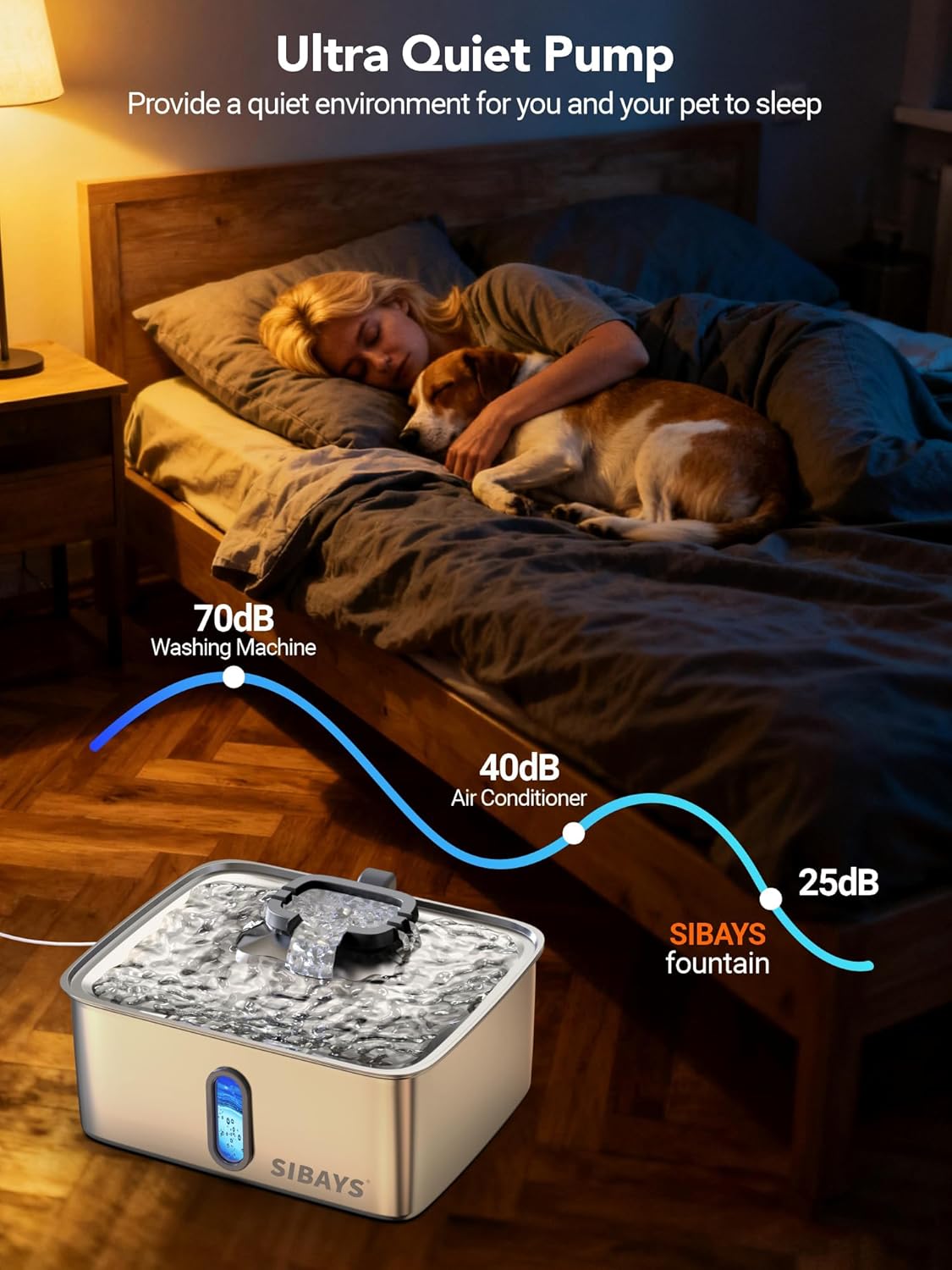 SIBAYS 4Gal/15L Dog Water Fountain for Large Dogs, Stainless Steel Large Pet Water Fountain, Ultra Quiet Automatic Dog Water Bowl Dispenser with Water Level Window and LED Light(FS78, Silver-Grey)
