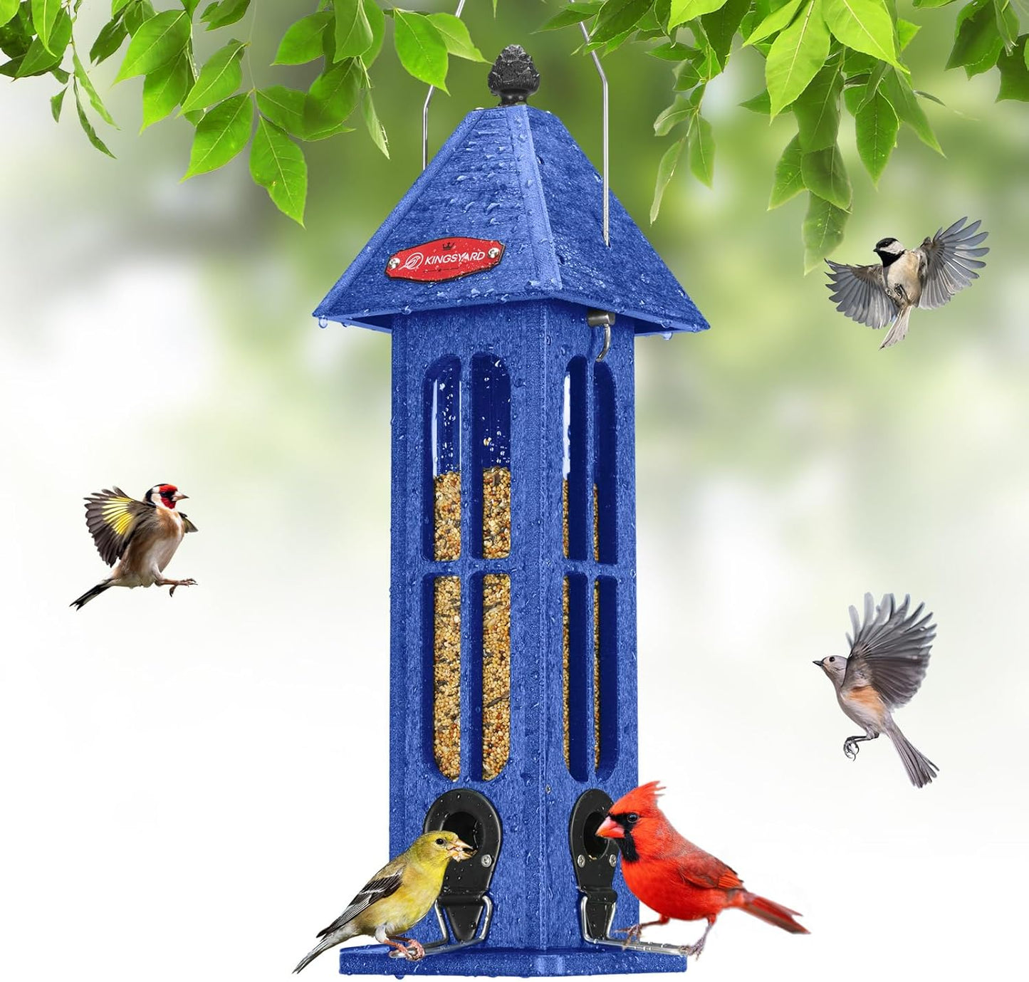 Kingsyard Rainproof Bird Feeder for Outdoor Hanging, Recycled Plastic Wild Bird Feeder with 4 Metal Ports, 3 lbs Large Capacity, Garden Yard Decorations for Bluebird Finches, Blue