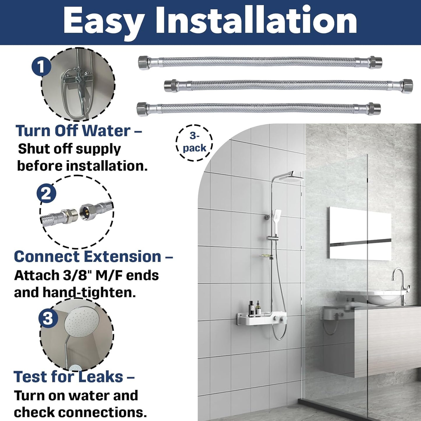 (3-Pack) Faucet Supply Line Extension, 12-Inch – 3/8" Male to 3/8" Female Compression, Stainless Steel Braided with PEX Inner Tube – Ideal for Bathroom, Kitchen, RV & Water Filter Systems