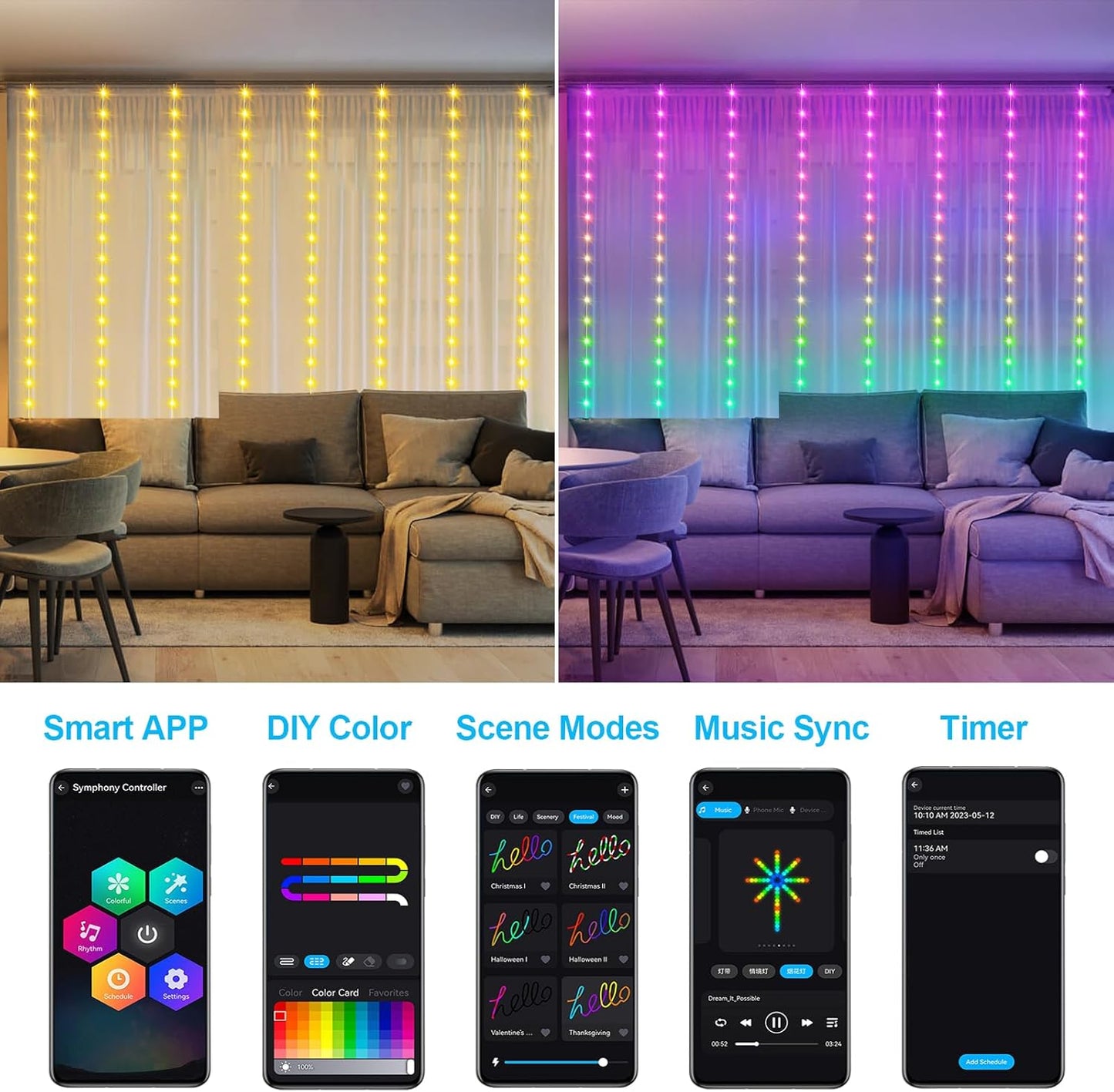 Smart Curtain Lights RGB 5050 Built in Chip, Color Changing Curtain Lights with Music Sync APP Remote Control, 8Ft x 6Ft 144LED USB Powered Fairy Lights for Party Patio Garden Decor