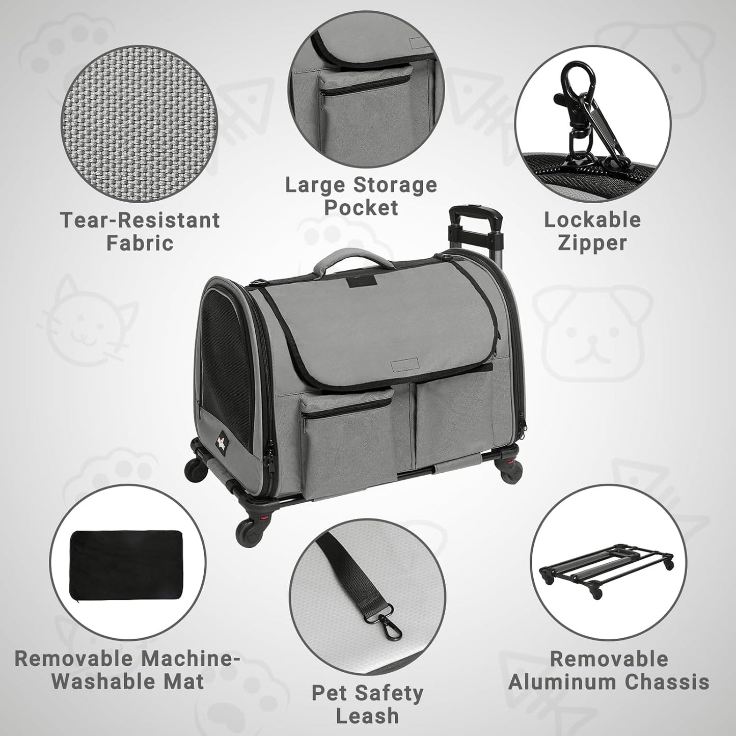 Large Pet Carrier with Wheels, Foldable Rolling Dog Carrier with Big Pocket, Cat Rolling Bag 21"x13"x13" for 2 Cats &Dogs, for Travel, Outdoor, Vet Visits, Camping, Indoor. Gray. (Not for Airline)