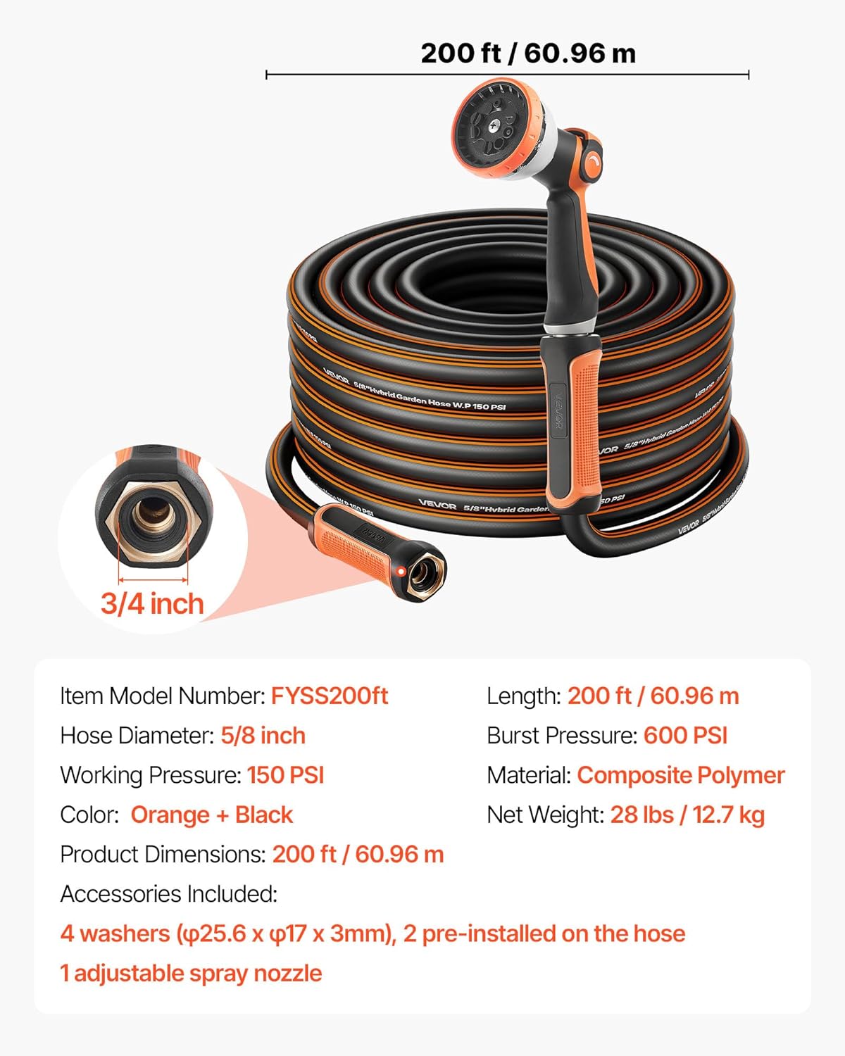 VEVOR Garden Hose, 200 ft 5/8" Heavy Duty Rubber Water Hose with 10 Mode Nozzle, 150PSI Working & 600PSI Burst, Flexible & Non-kink Outdoor Waterhose with 3/4" Fitting, Lightweight Hoses for Gardening