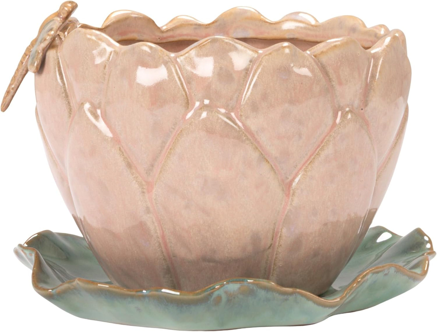 Creative Co-Op Stoneware Flower Shaped Planter with 3D Dragonfly and Leaf Saucer in Reactive Glaze, Multicolor