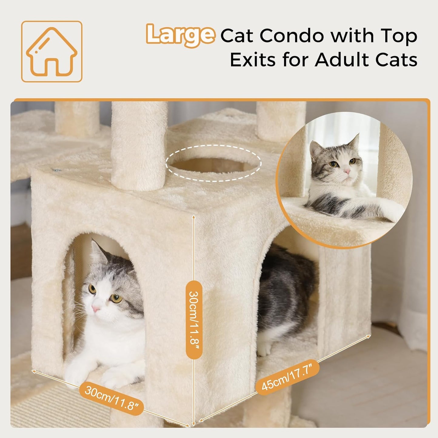 72” Cat Tree for Large Cats Big Cat Tower with Enlarged Hammock 21.6x17.7” Spacious Cats Condo House, Roomy Top Bed,Multiple Scratch Posts and Pad for Indoor Adult Cats (Beige, XLarge-72)