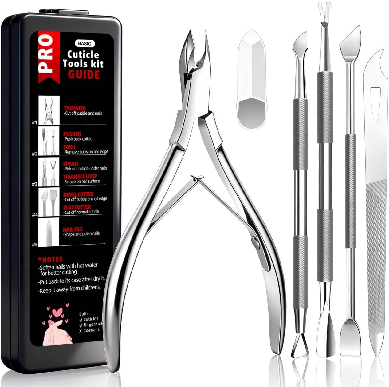 Cbiumpro 5-Pack Cuticle Trimmer Set with Pusher, Cutter, Scraper, Nipper, Clipper, Professional Stainless Steel Cuticle Remover Tools Kit for Fingernails & Toenails - with Case