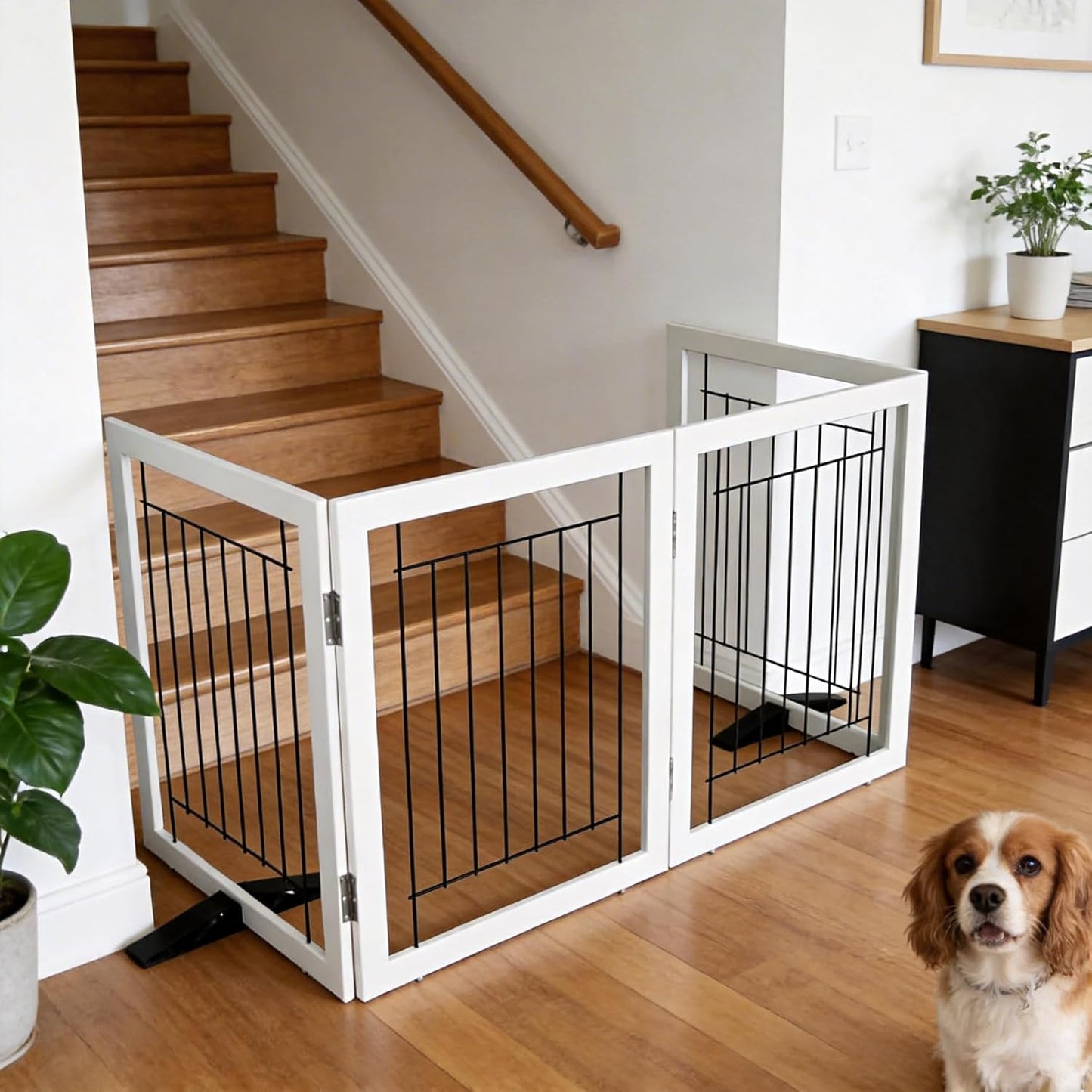 ZJSF Freestanding Dog Gate Indoor, Foldable Dog Fence for Doorways,Hallways or Stairs, Sturdy Wood Extra Wide Pet Gate with Support Feet,White,24 "Height-3 Panels