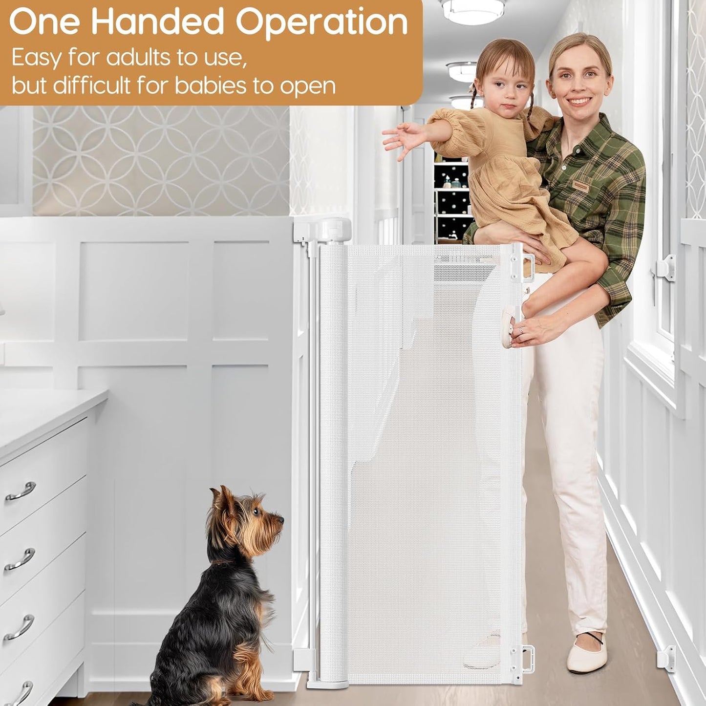 42 Inch Extra Tall Baby Gate 0"-39" Wide Narrow Pet Gate Tall Retractable Baby Gates for Dogs Mesh Dog Gates Indoor Pet Gate for Stairs Doorways Hallways, White
