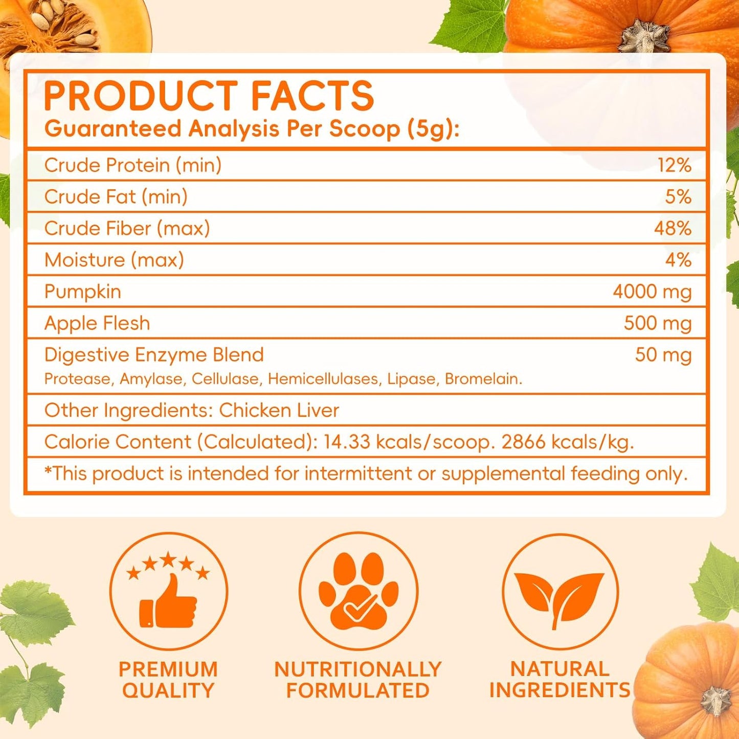 Organic Pumpkin Powder for Dogs & Cats, High Fiber Digestive Support with Enzymes & Apple, Helps Firm Stool, Relieve Constipation & Diarrhea, Easy Mix Pumpkin Puree Topper, 7.05 oz (200 g)