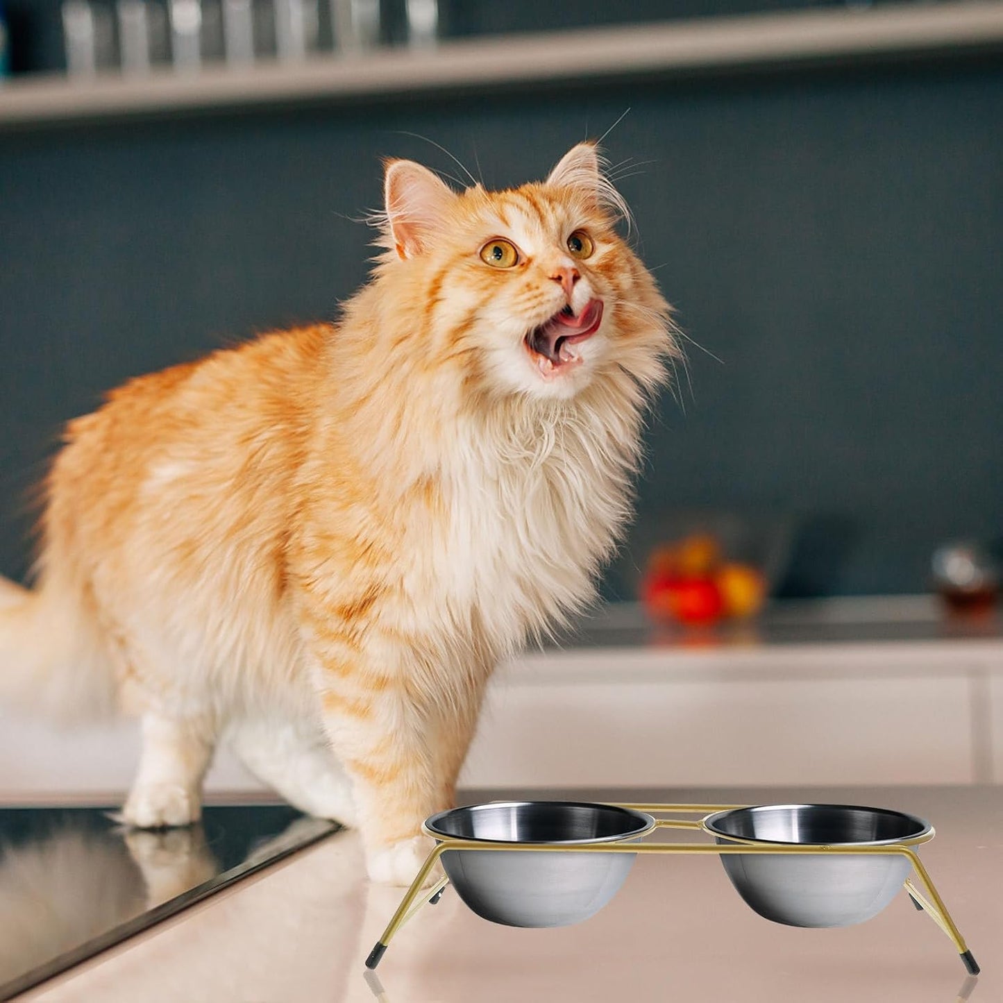 Milisten Elevated Cat Feeder Stand with Dual Anti-Skid Bowls Gold Iron Pet Food Bowl Rack Raised Cat Feeder Protecting Spine