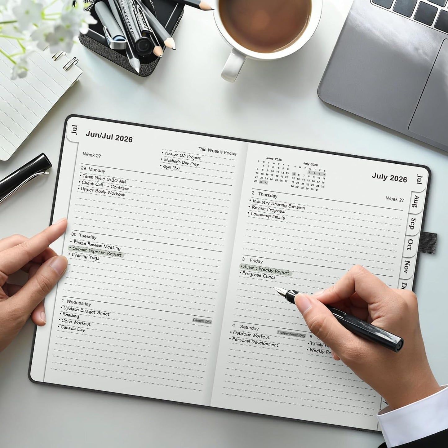 OMEYA 2026-2027 Weekly & Monthly Planner: A5 Black Leather Business Planner for Work, July 2026 – June 2027, 100gsm Thick Paper, Durable Stitched Binding, Tabs, Pen Loop, Pocket – Professional Planner