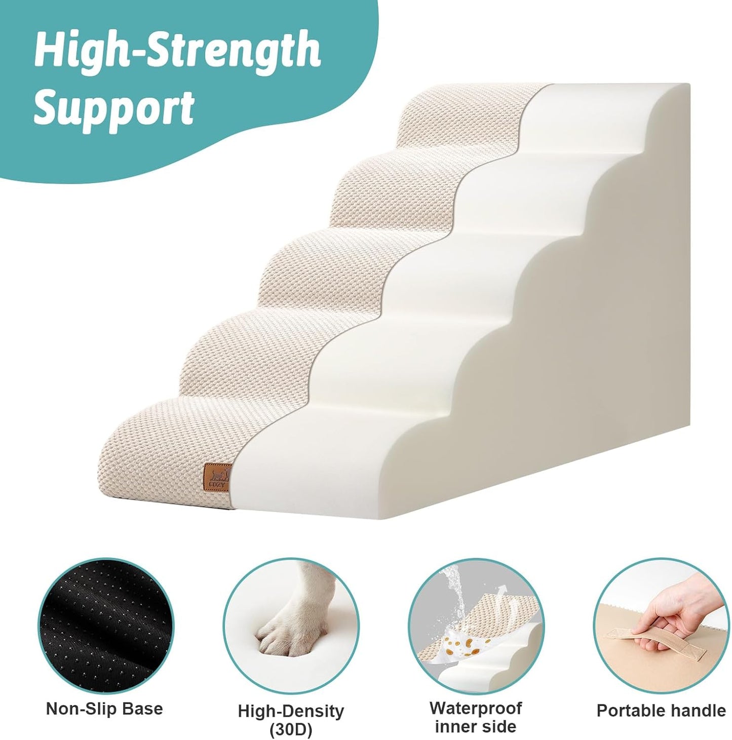 Wide Dog Stairs 19.7" Width, Pet Step for Small Medium/Large Dog, Puppy or Cat, Pet Ramp for High Bed or Car, High Density Foam Ladder, Stable, 5 Step, 19.7x33x22.4 in, Beige