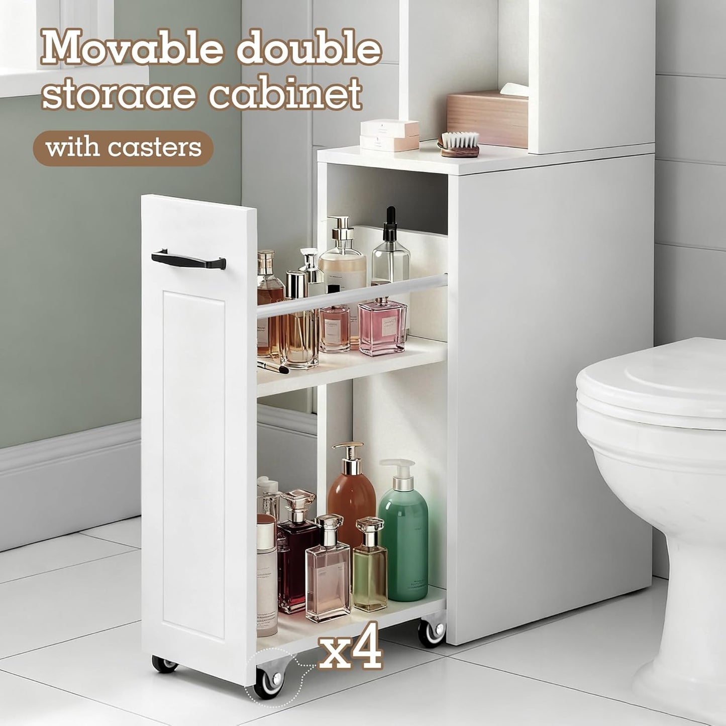 Extendable Rolling Drawer-Style Toilet Storage Cabinet. Conveniently Mobile. Sliding Storage Doors. Adjustable Shelving. Compact Bathroom Storage. Toilet Paper Holder. Bathroom, Toilet, Laundry Room