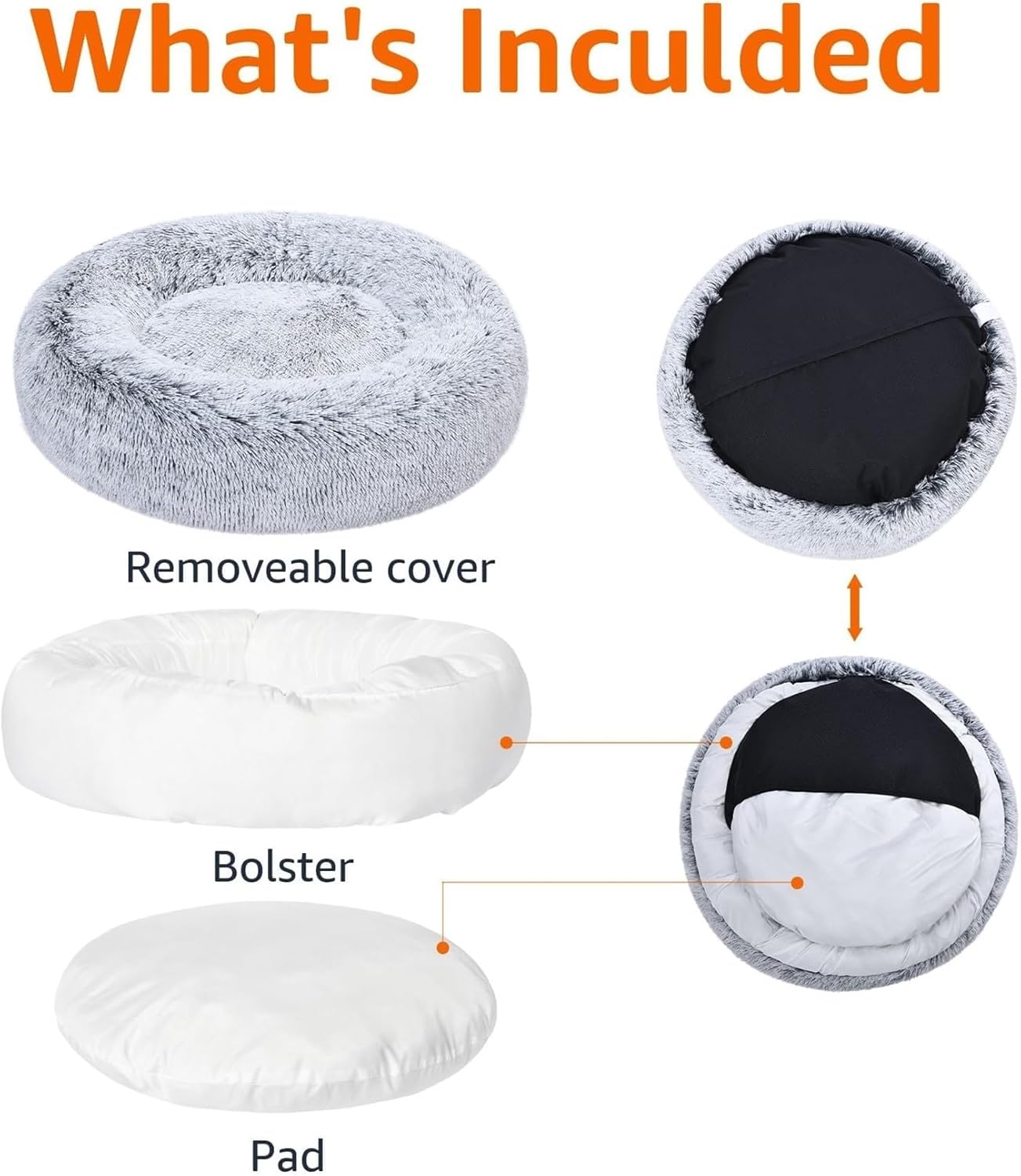 Amazon Basics Washable Donut Pet Bolster Faux Fur Bed with Removable Cover, Anti-Slip Bottom for Dog, Grey, 23" x 23"