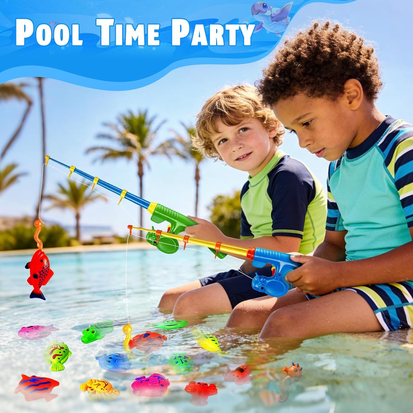CozyBomB™ Magnetic Fishing Toys Game Set for Kids | Water Table Bathtub Kiddie Pool Party Pole Rod Net, Outdoor Plastic Floating Fish, Toddler Bath Color Ocean Sea Animals Easter Gift Age 3-5 6 4-8