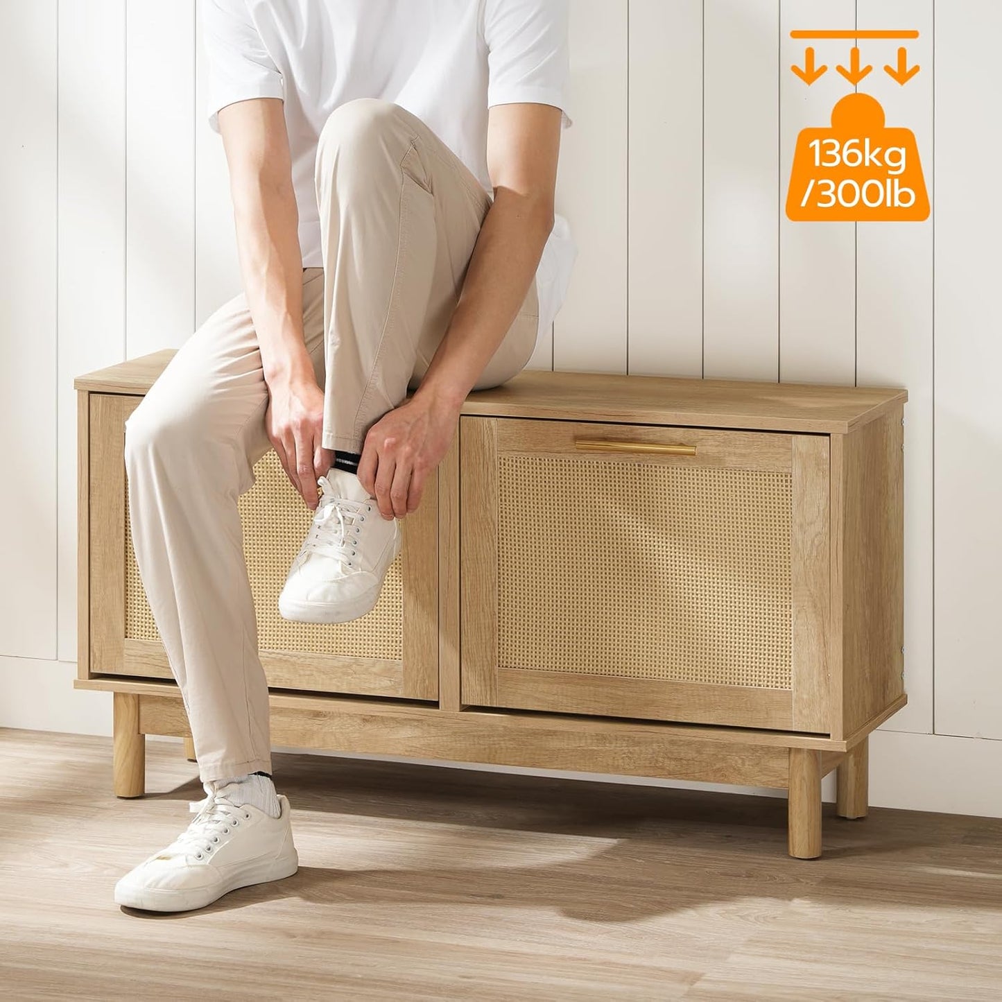 HOOBRO Rattan Shoe Storage Bench with Double Flip Drawers, Narrow Shoe Storage Organizer for Entryway, 11.8"D x 39.4"W x 20.9"H Hidden Space Saving Wooden Shoe Cabinet for Hallway, Natural NL51HX01