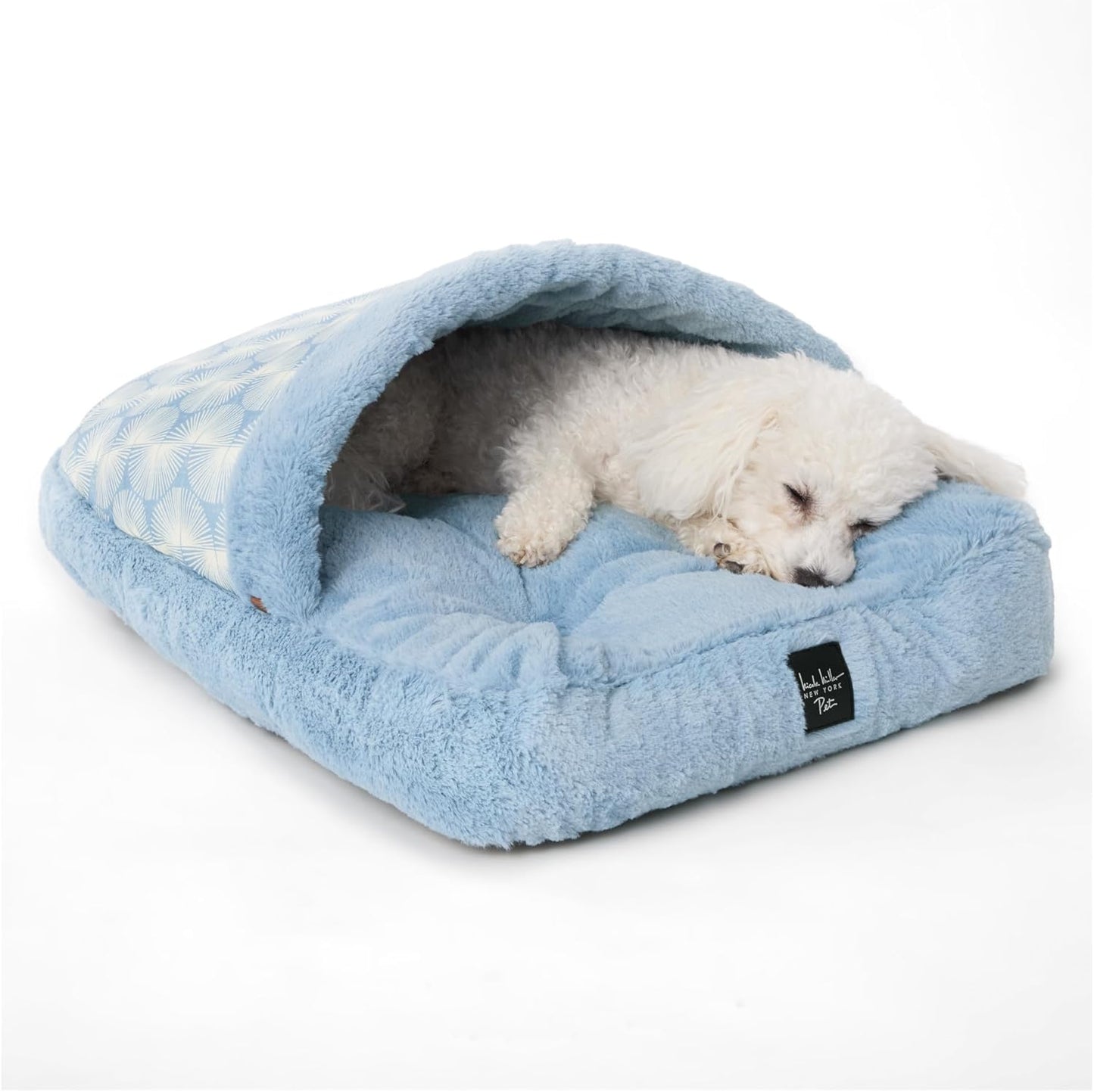 Nicole Miller New York PET Kendall Fluted Geo Cozy Slipper Cave Pet Bed, Cozy & Calming, Non-Slip Bottom, Machine Washable, Blue, Small 22"x17"x11"