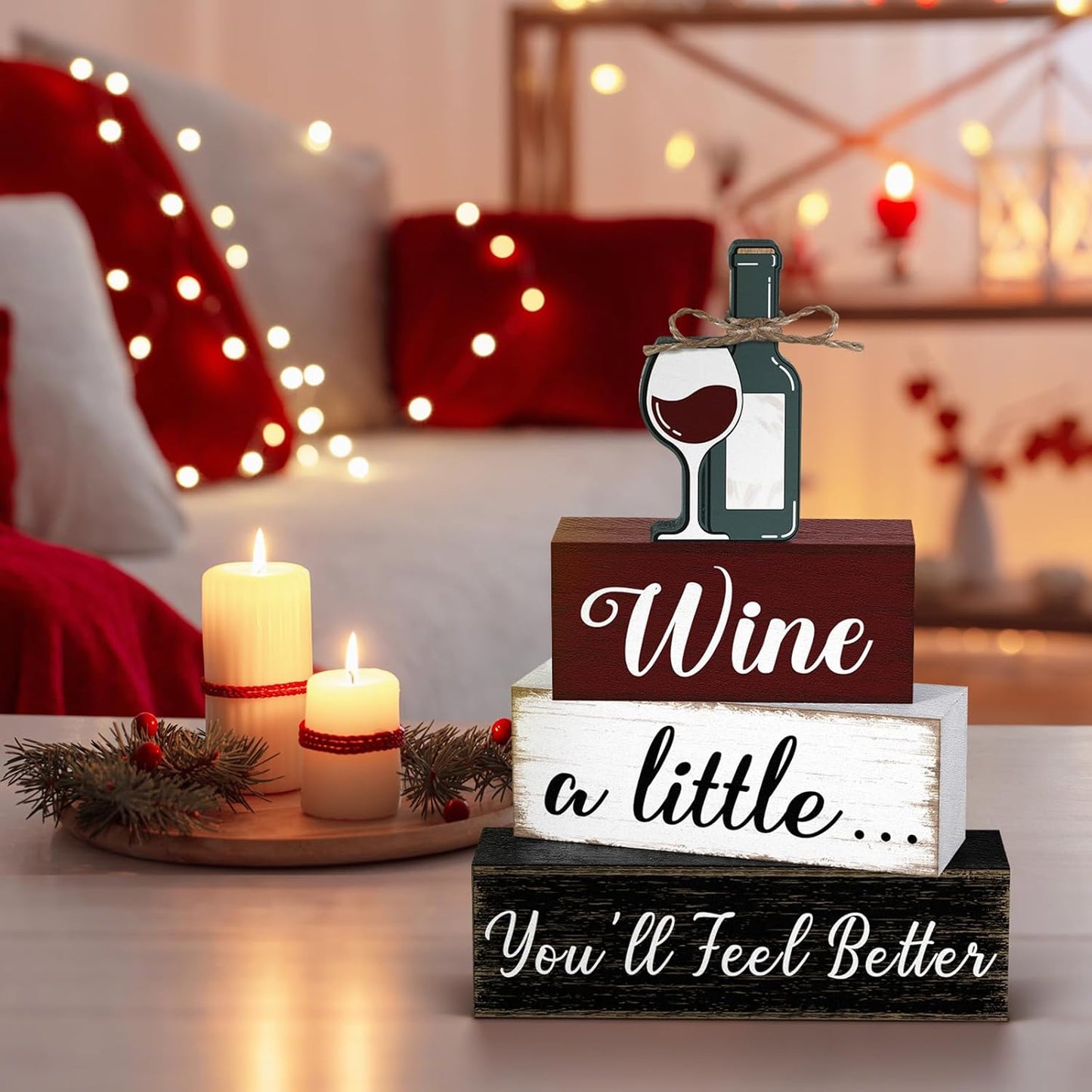 Marsui 4 Pcs Wine Tabletop Decor Rustic Coffee Bar Tiered Tray Decor Decorative Wood Wine Bottle Block Sign Gift Wooden Farmhouse Table Centerpiece for Home Party Shelf Desk Decoration