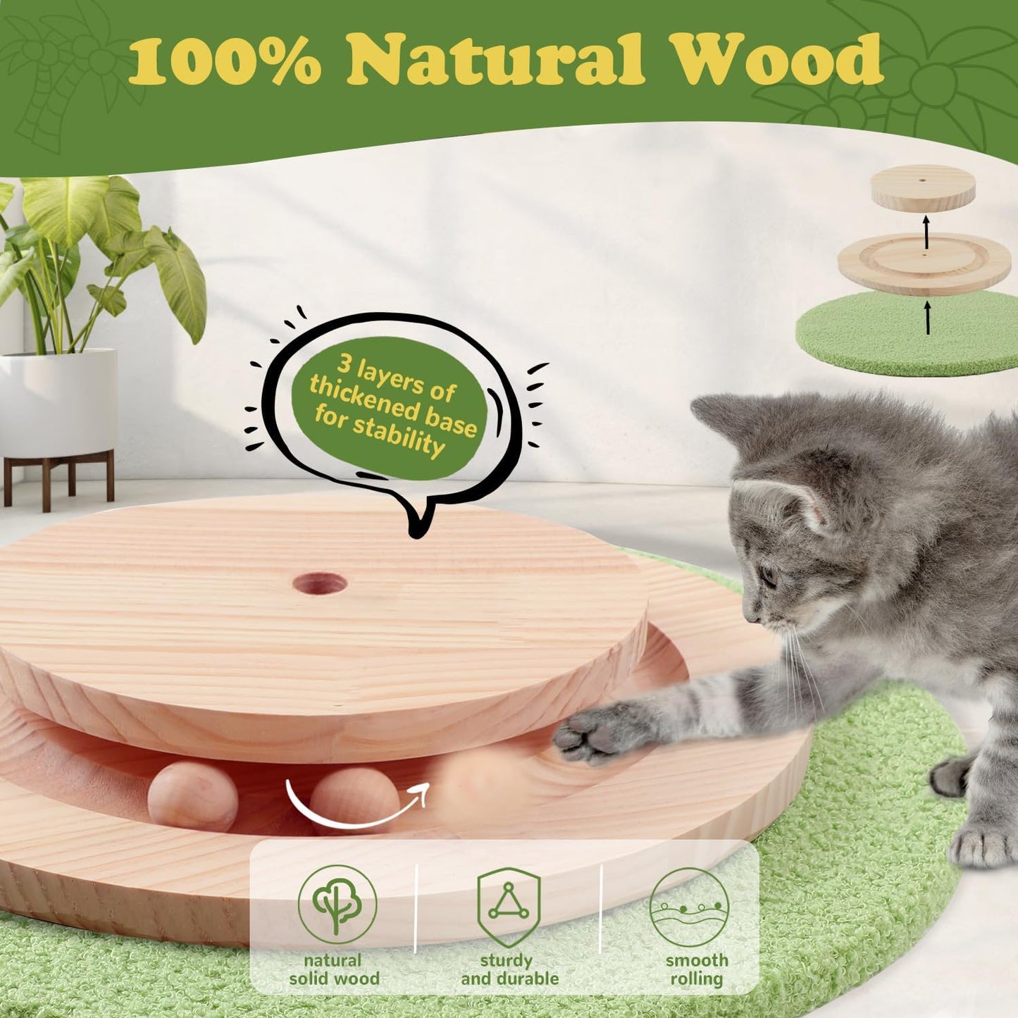 39.4'' Tall Cat Scratching Post,3.5 Inch Wide Sisal Rope Scratching Post for Indoor Adults Kittens,Cat Scratcher with Stable Solid Wood Base Interactive Ball Toys Self Groomer Brush for Large Cats