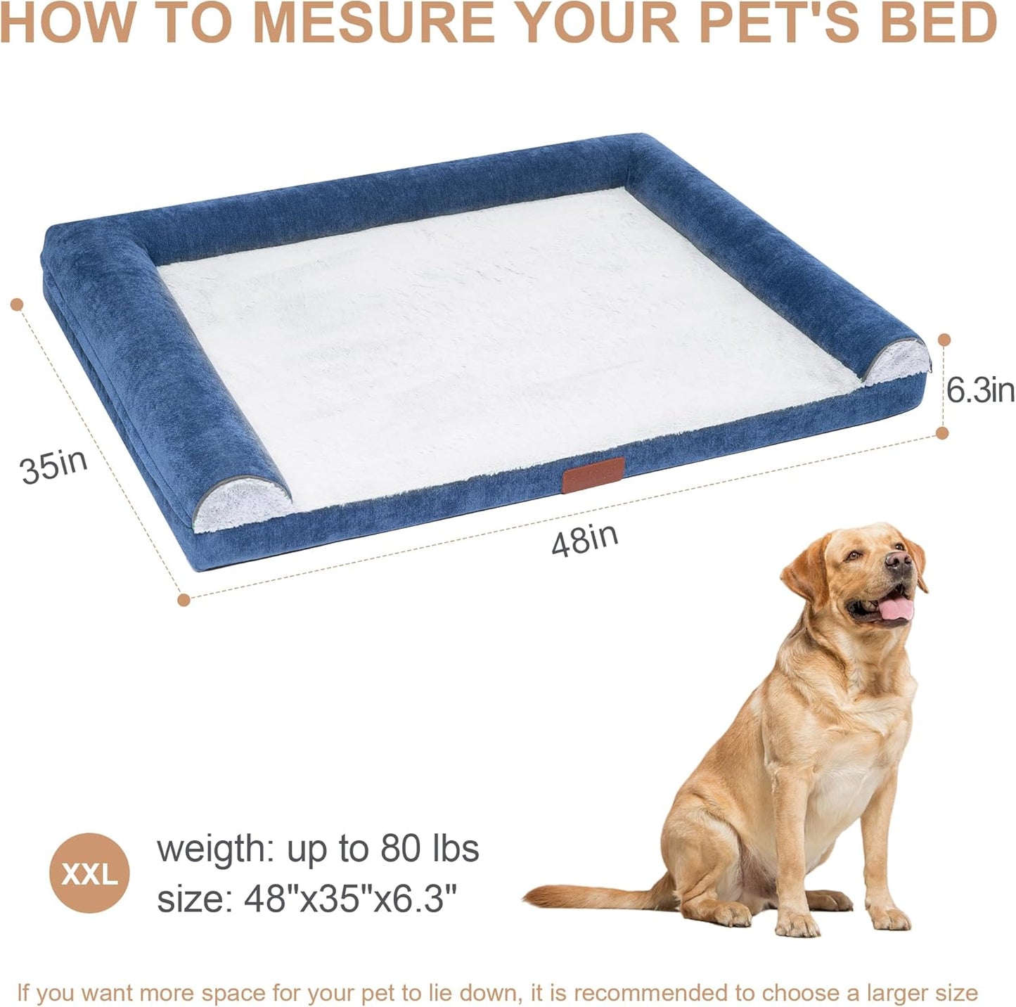Large Dog Bed for Medium and Large Dogs Waterproof Memory Foam Orthopedic Dog Bed Durable Sofa Pet Bed Removable Cover with Zipper and Bolster Nonslip Bottom（NBlue XXL）