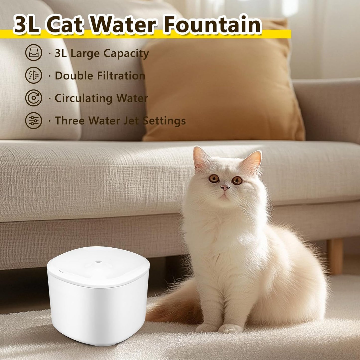 3L Cat Water Fountain, Cat Fountains for Drinking, Double Filtration & 3-Speed Adjustable Pet Fountain for Drinking