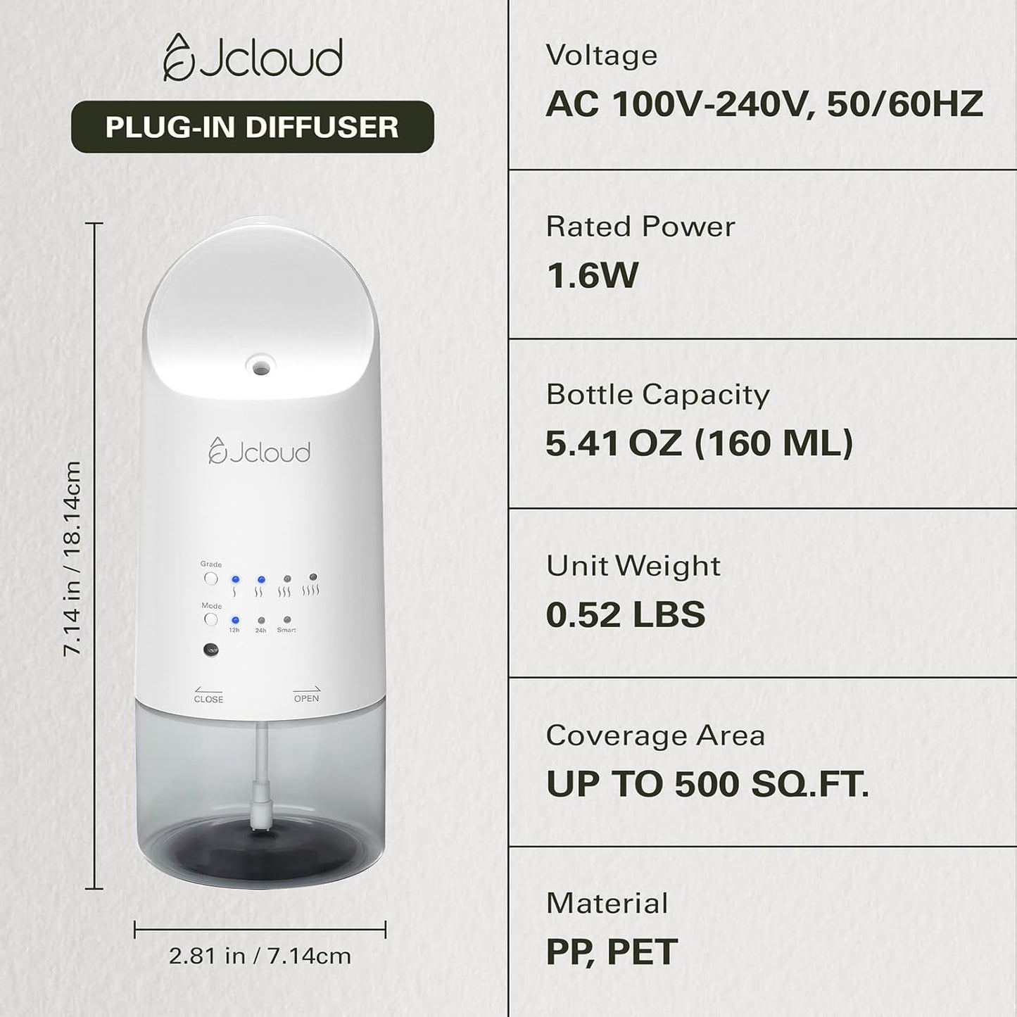 JCLOUD Plug in Diffuser for Essential Oils, Waterless Scent Diffuser Cover Up to 500 Sq. Ft. for Home, Office, Spa – Portable Smart Wall Diffuser 160ML, White