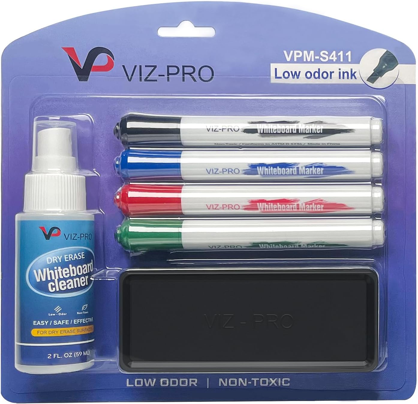 VIZ-PRO Dry Erase Marker Starter Set, Low-Odor Whiteboard Pens, Eraser and White Board Cleaner, Assorted Colors, 6-Piece Kit